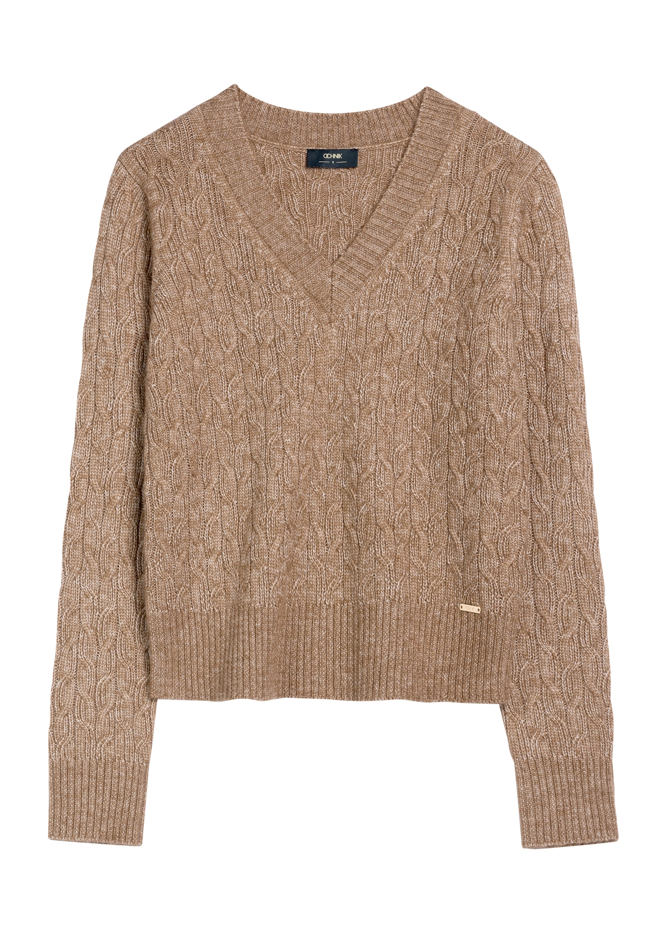 Sweter damski w kolorze brązowym SWEDT-0237-84(Z25), widok produktu od przodu na białym tle.