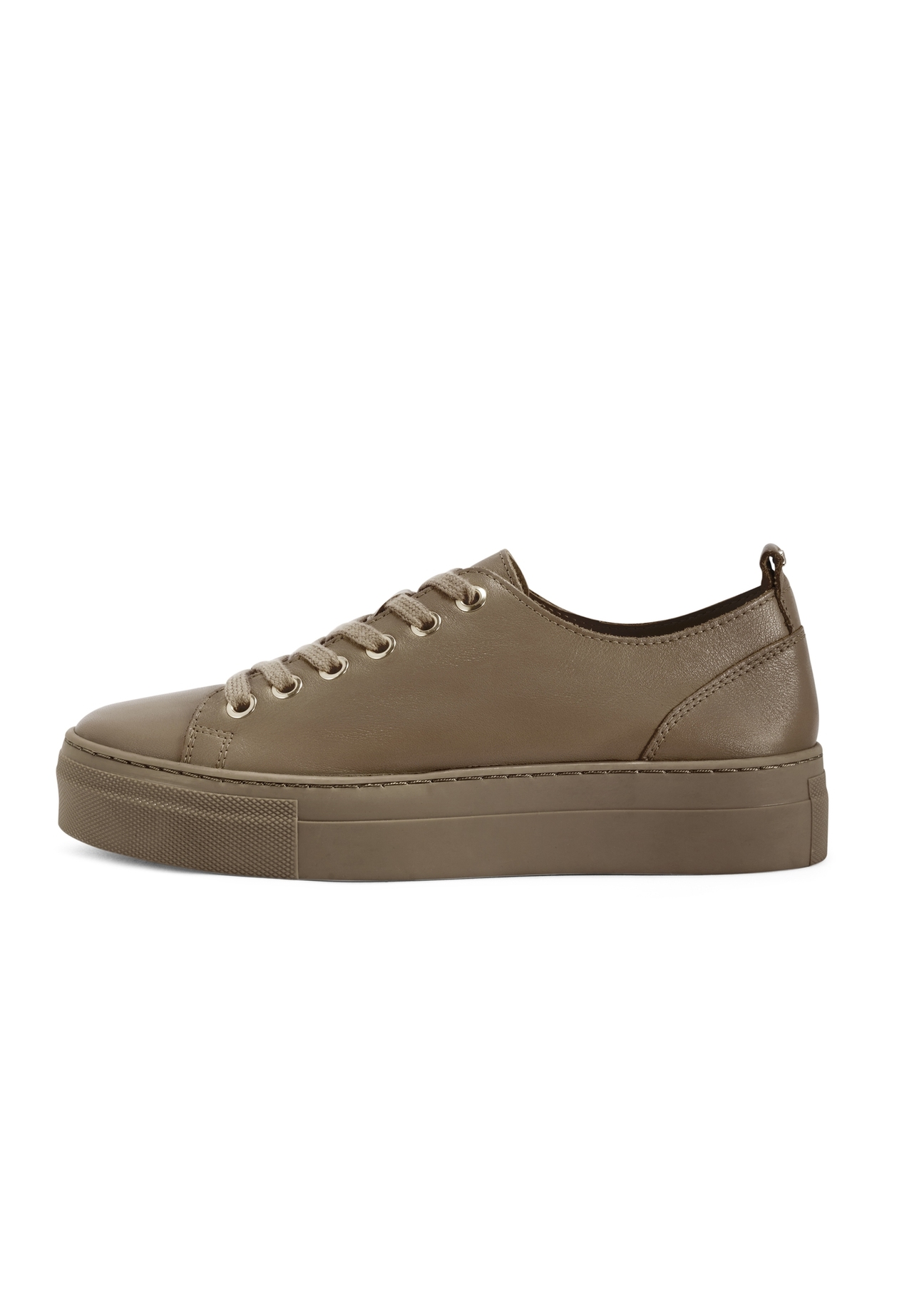 Skórzane tenisówki damskie w kolorze chłodnego beżu BUTYD-1062-1K(W26) - widok produktu z boku, na białym tle. 