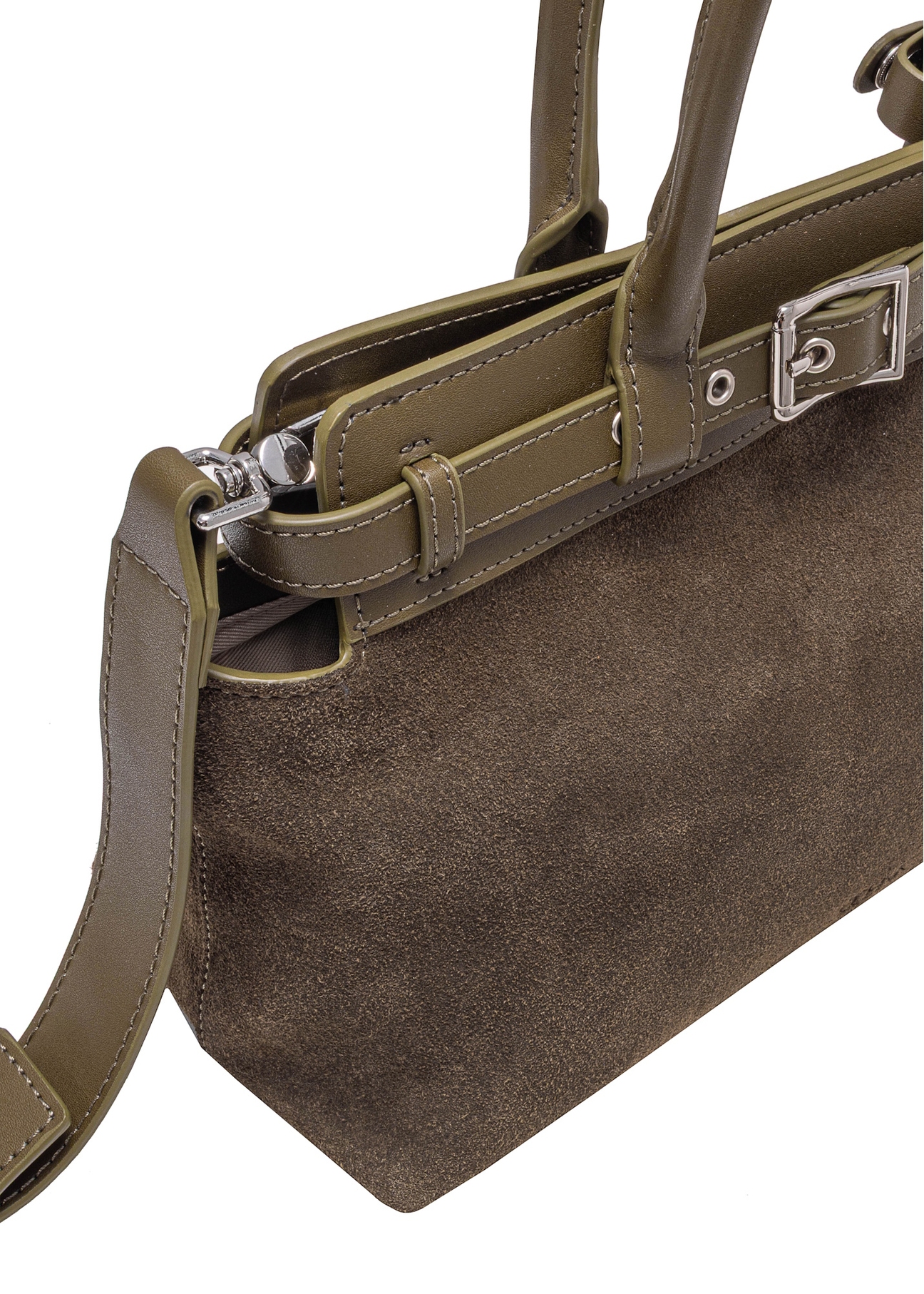 Zamszowa torebka damska w kolorze khaki TORES-1192-55(Z25), zbliżenie na detal produktu na białym tle.