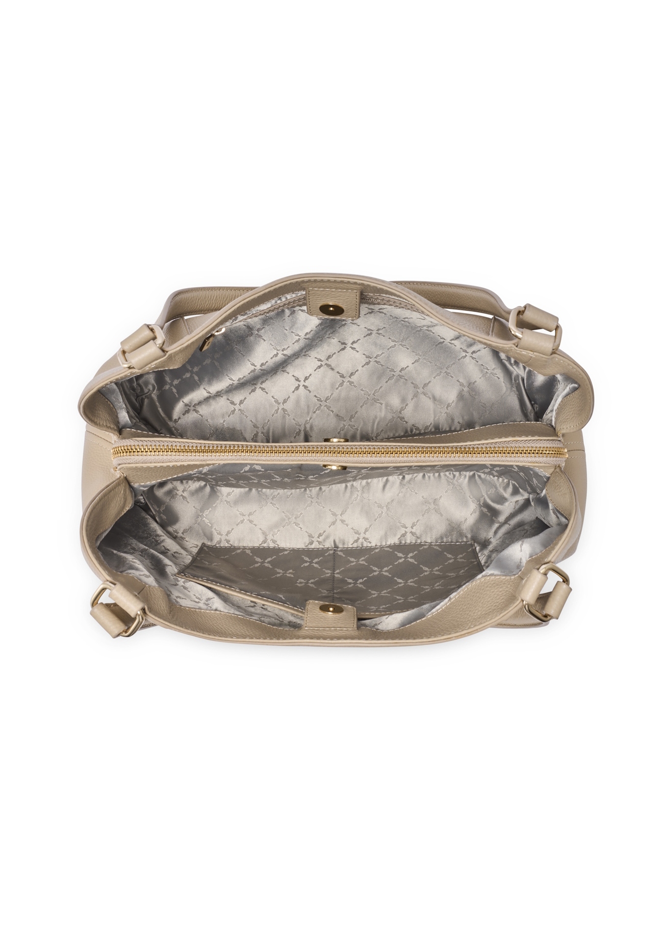 Beżowa skórzana torebka shopper damska TORES-1264-1B(W26), widok produktu w środku na białym tle.