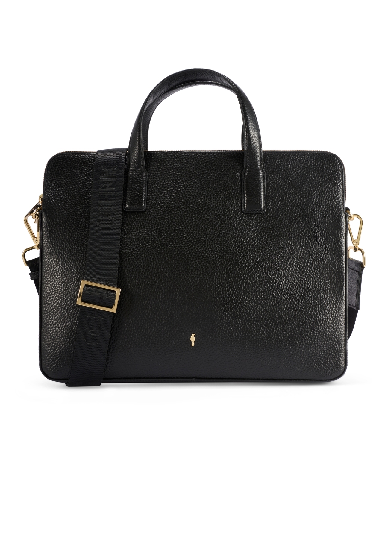 Czarna skórzana torba na laptopa TORES-1070A-99(W26), widok produktu z przodu na białym tle.