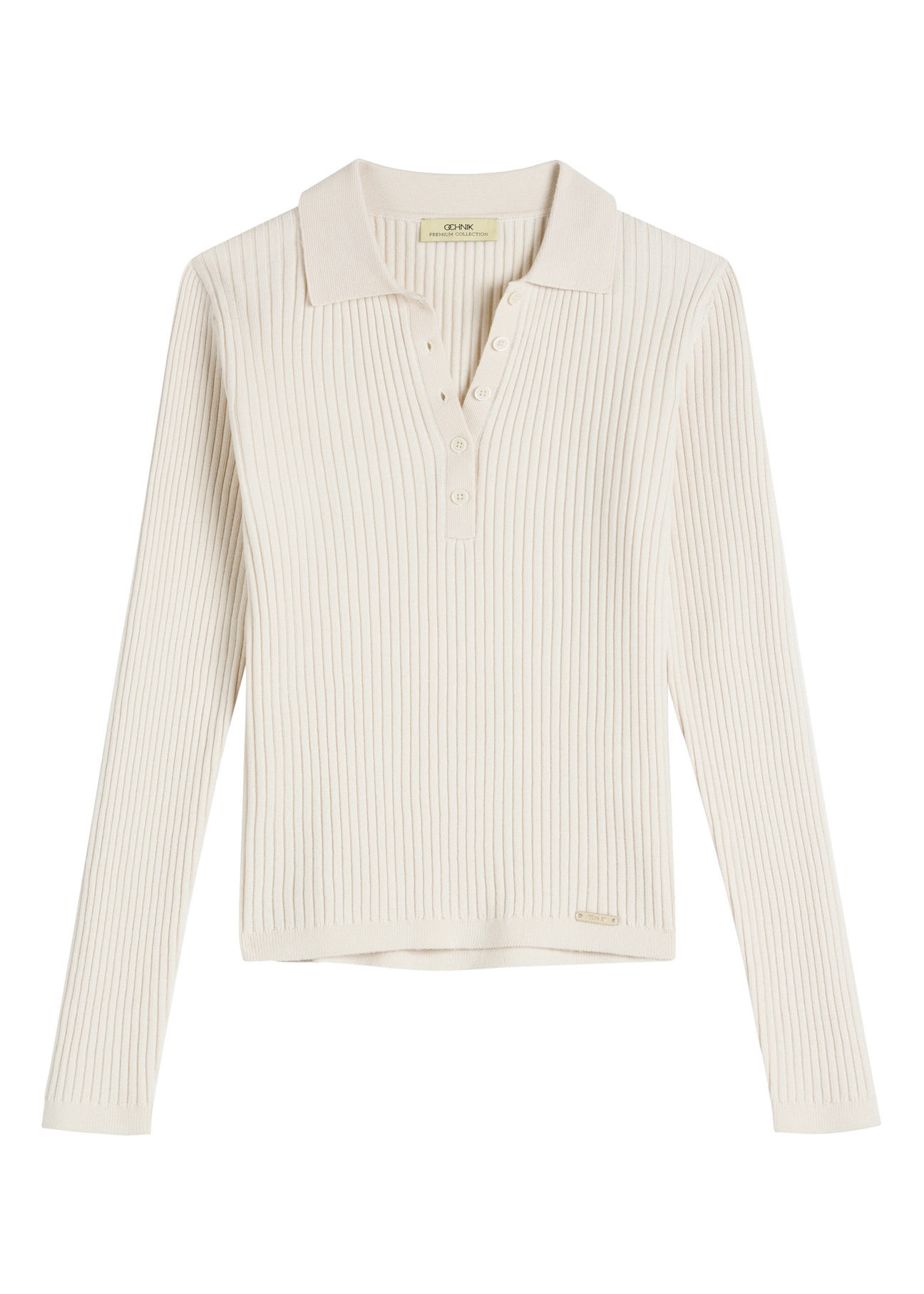 Beżowy wełniany sweter damski SWEDT-0259-1B(W26) - widok produktu z przodu, na białym tle.