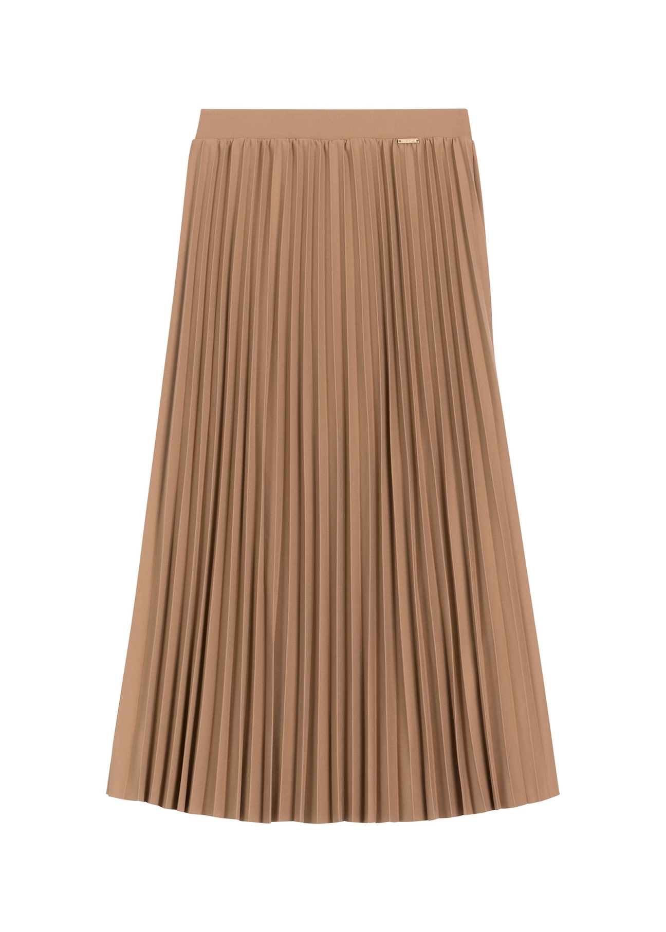 Camelowa plisowana spódnica midi SPCDT-0096-1D(Z26), widok produktu z przodu na białym tle.