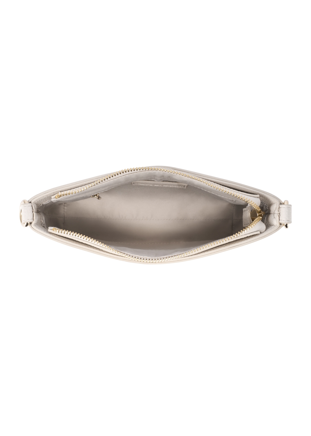 Kremowa torebka damska z monogramem TOREC-1159-0B(W26),  widok produktu z góry na białym tle.