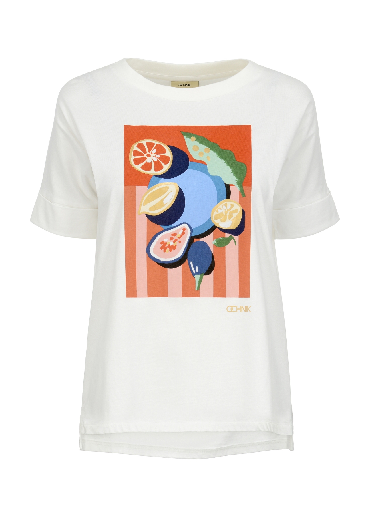 Biały T-shirt damski z printem TSHDT-0104-11(W23)-03
