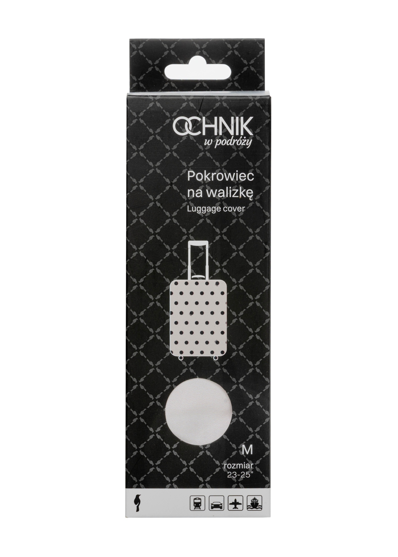 Pokrowiec na średnią walizkę w kropki AW-013-0007-0P-M(W26), widok produktu z przodu w opakowaniu.