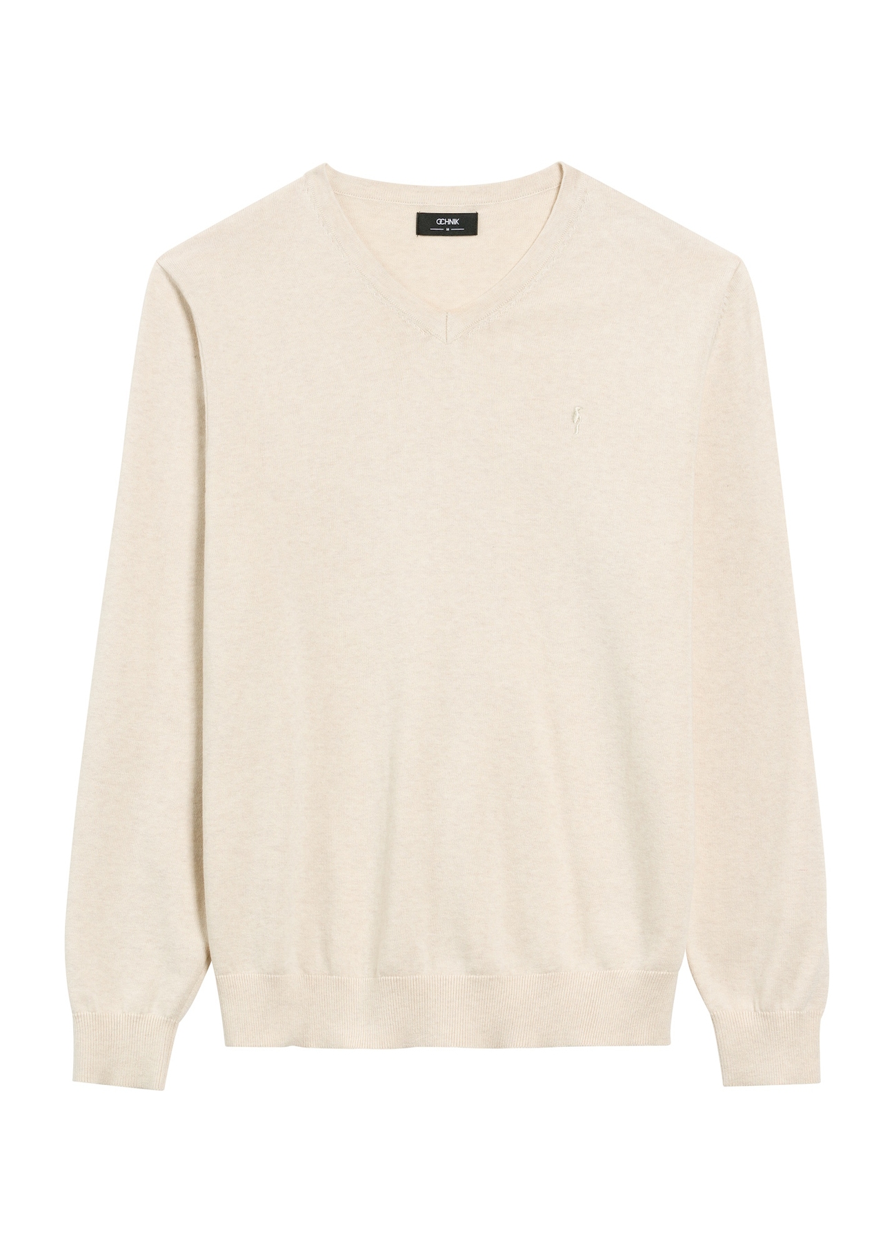 Beżowy sweter męski z logo SWEMT-0159A-80(Z25), widok produktu z przodu na białym tle.