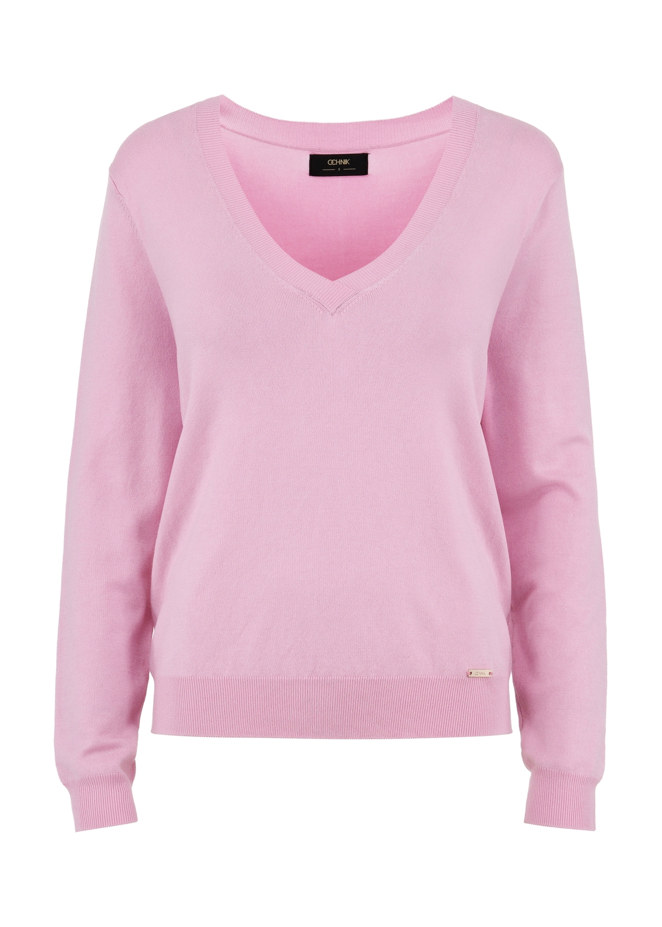 Różowy sweter z dekoltem V-neck SWEDT-0201-31(W24)-03