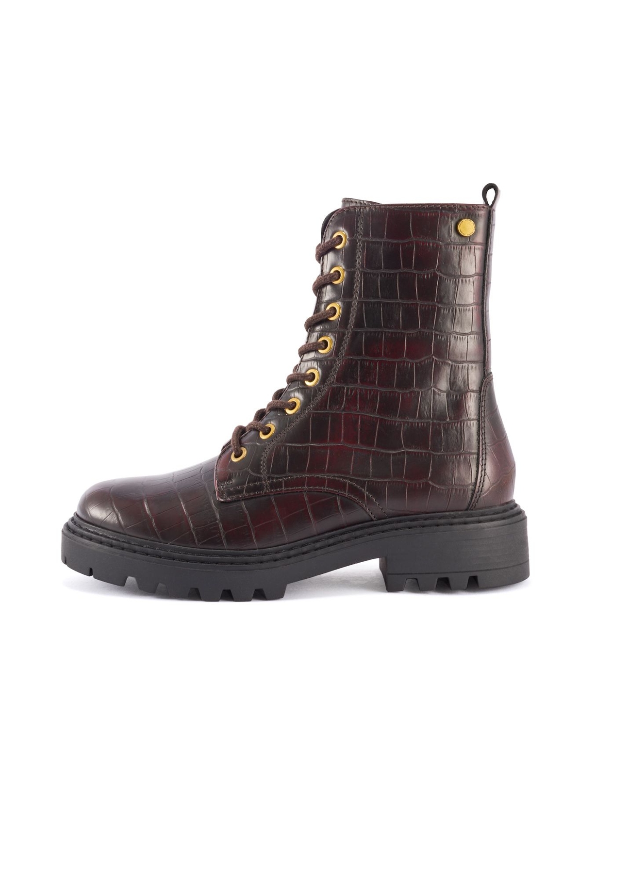 Bordowe botki damskie croco BUTYD-1192-4E(Z26), widok produktu z boku na białym tle.