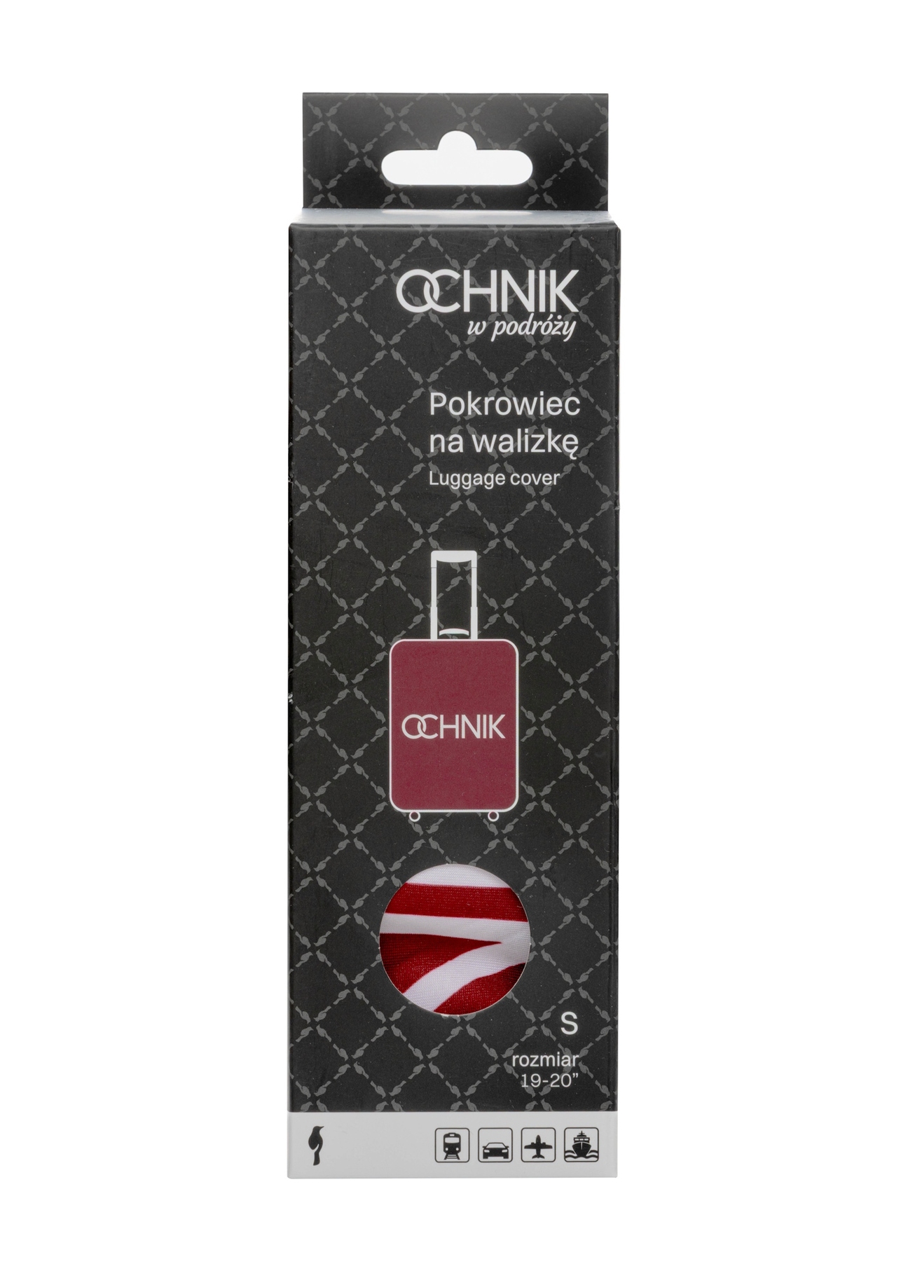 Czerwony pokrowiec na małą walizkę z logo AW-013-0002-4B-S(W26), widok produktu w opakowaniu na białym tle.