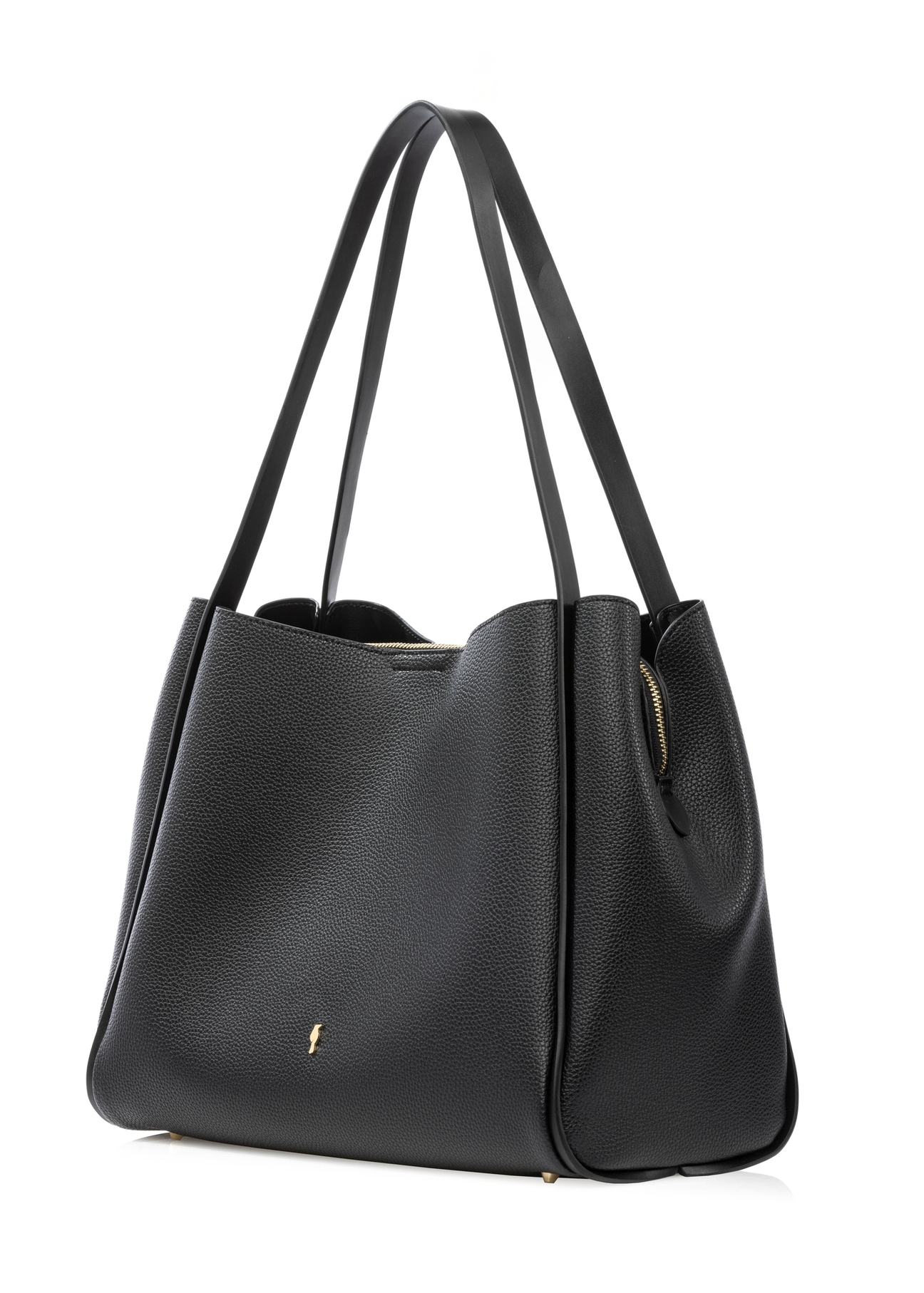 Czarna torebka shopper damska TOREC-1183-99(W26) - widok produktu po skosie, na białym tle. 