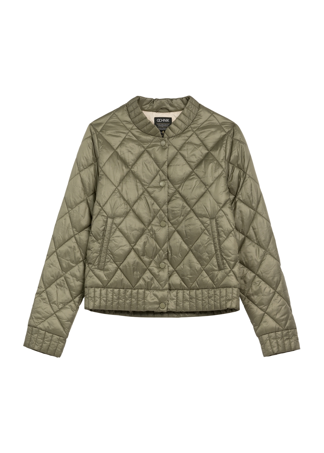 Przejściowa kurtka damska w kolorze khaki KURDT-0564A-55(W26), widok produktu z przodu na białym tle.