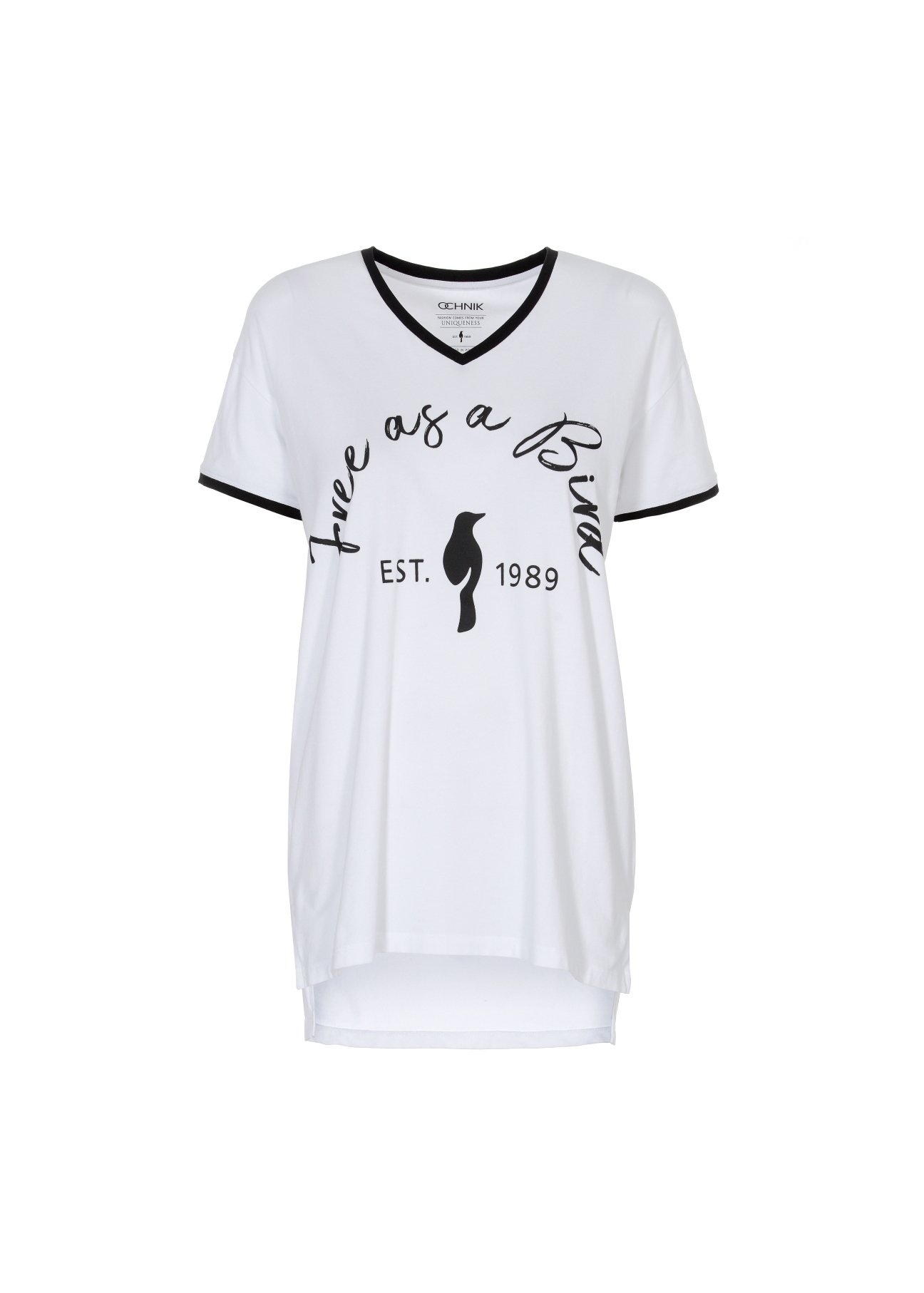 Biały T-shirt z dekoltem V damski TSHDT-0065-11(W21)-02