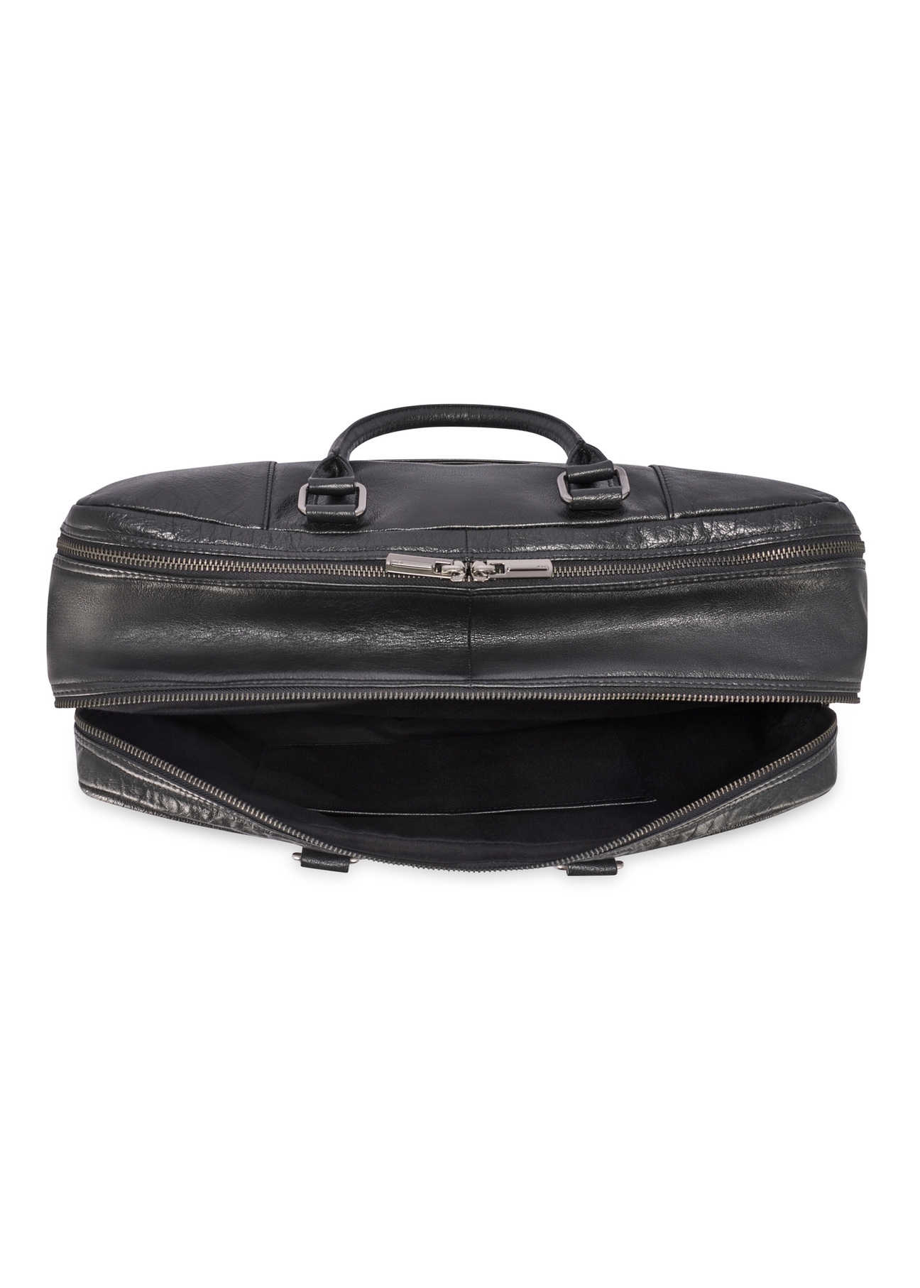 Czarna duża skórzana torba męska TORMS-0489-99(W26) - widok produktu z góry, na białym tle. 