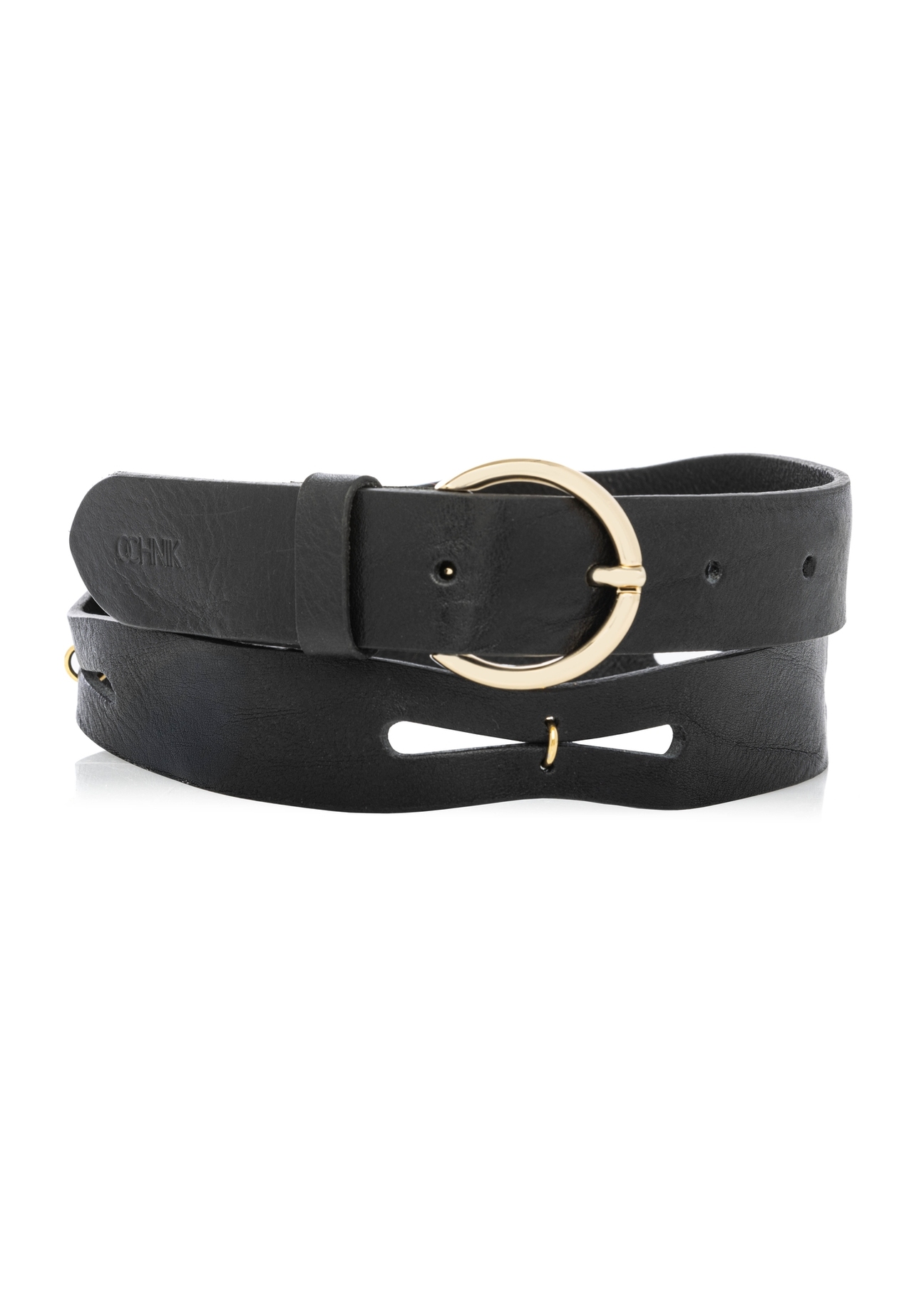 Czarny skórzany pasek damski PASDS-0342-99(W26) - widok produktu z przodu, na białym tle. 