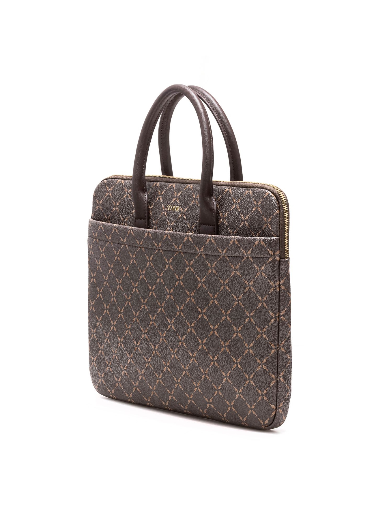 Brązowa torba na laptopa z monogramem TOREC-1078-89(Z25) - widok produktu po skosie na białym tle. 