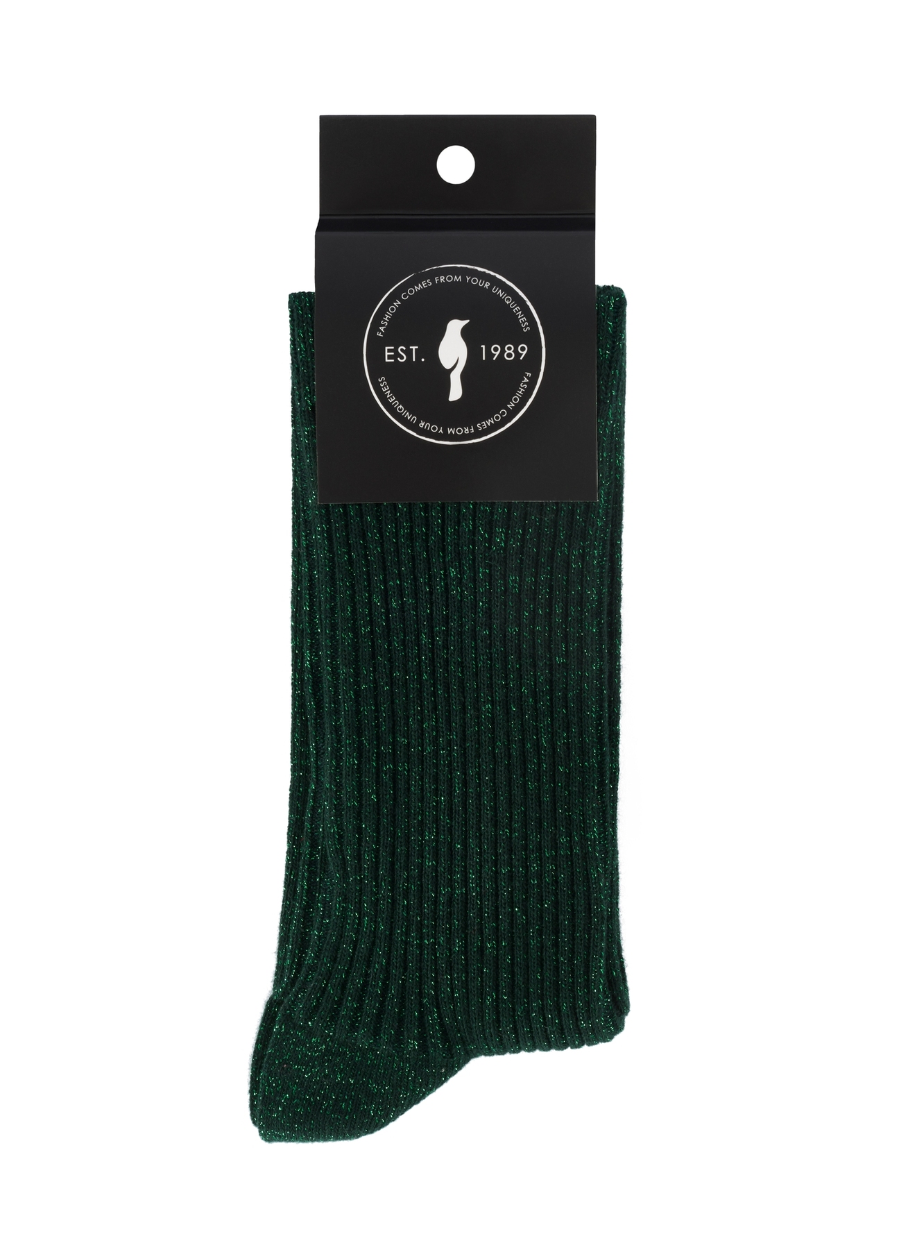 Zielone błyszczące skarpety damskie SKADT-0074-51(Z25), widok produktu w opakowaniu na białym tle.