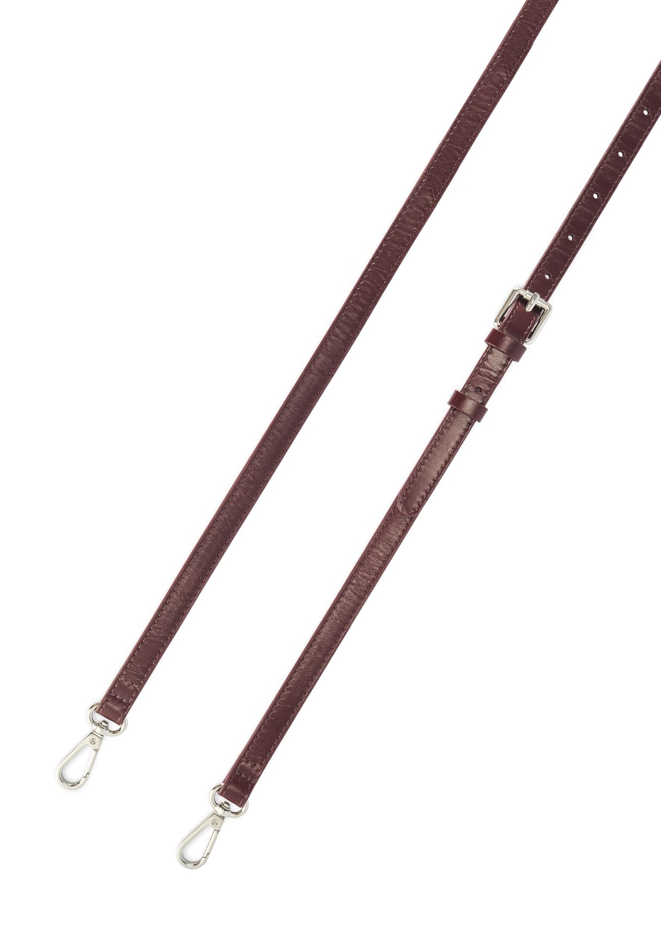 Skórzana torebka damska w kolorze bordowym TORES-1189-49(Z25) - widok pasków z góry, na białym tle. 