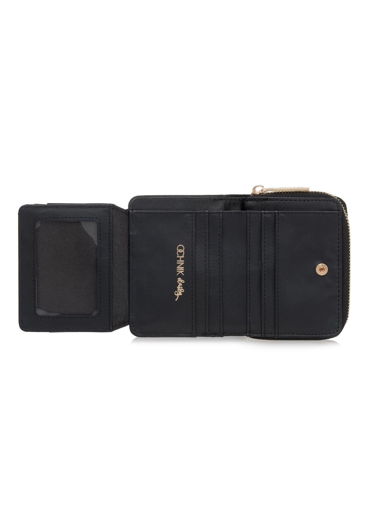 Mały czarny portfel damski z monogramem POREC-0349A-9P(Z26) , widok produktu w środku na białym tle.