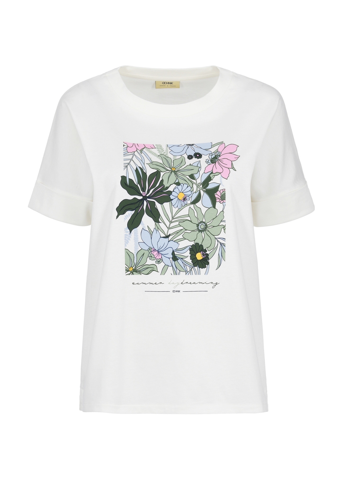 Kremowy T-shirt damski z kwiatowym printem TSHDT-0122-12(W24)-04