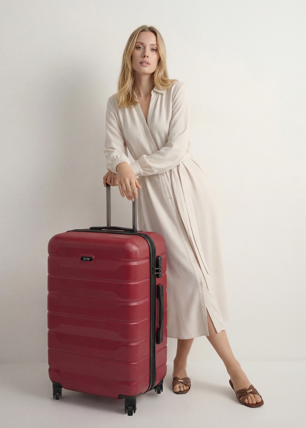 Walizka duża na kółkach WALAB-0067-49-28(W25), widok produktu skosem przy modelce, widoczna cała sylwetka.