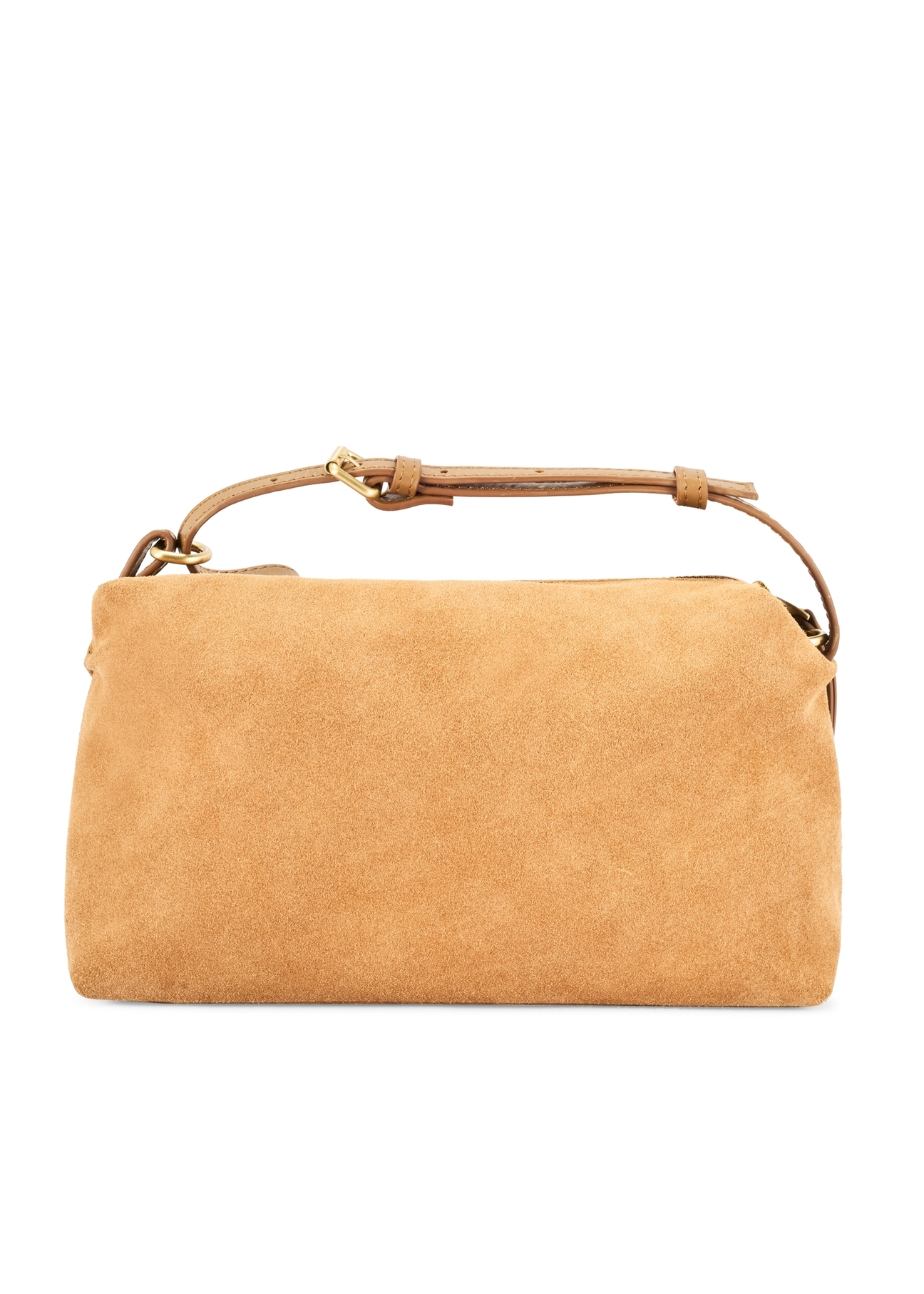 Beżowa zamszowa torebka damska TORES-1249-1B(W26), widok produktu od tyłu na białym tle.