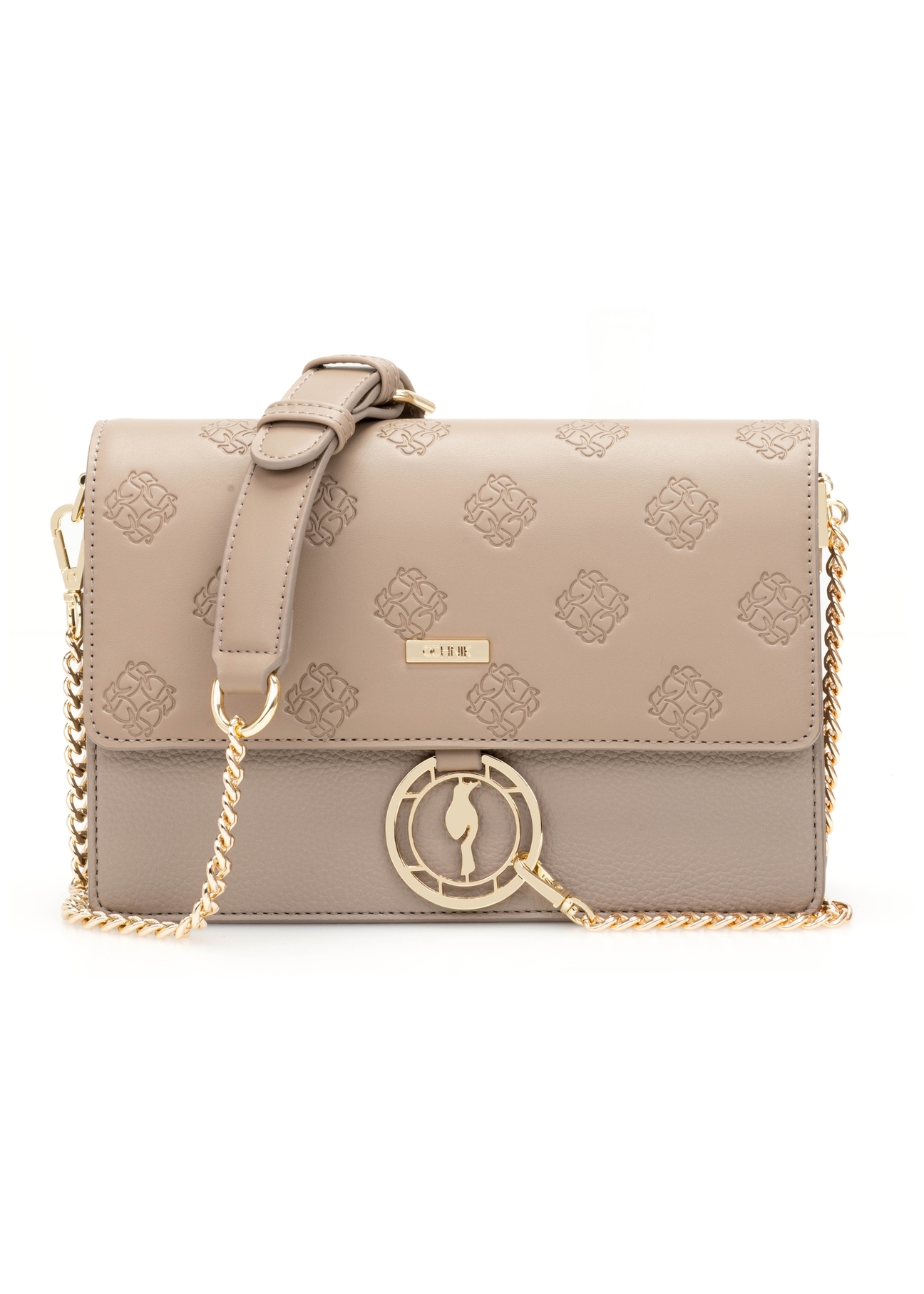 Ciemnobeżowa torebka damska z monogramem TOREC-0536-1K(W26), widok produktu od przodu na białym tle.