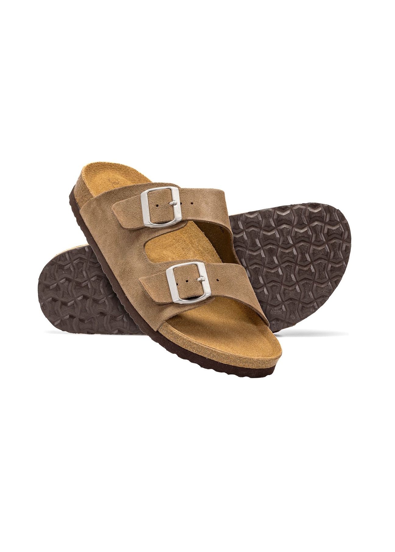 Skórzane klapki męskie w kolorze chłodnego beżu BUTYM-0495-1K(W26), widok produktu skosem na białym tle.