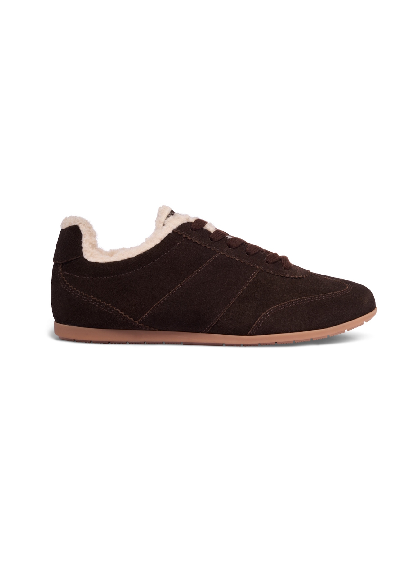 Zamszowe ciemnobrązowe sneakersy damskie BUTYD-1292-1I(Z26), widok produktu z boku na białym tle.