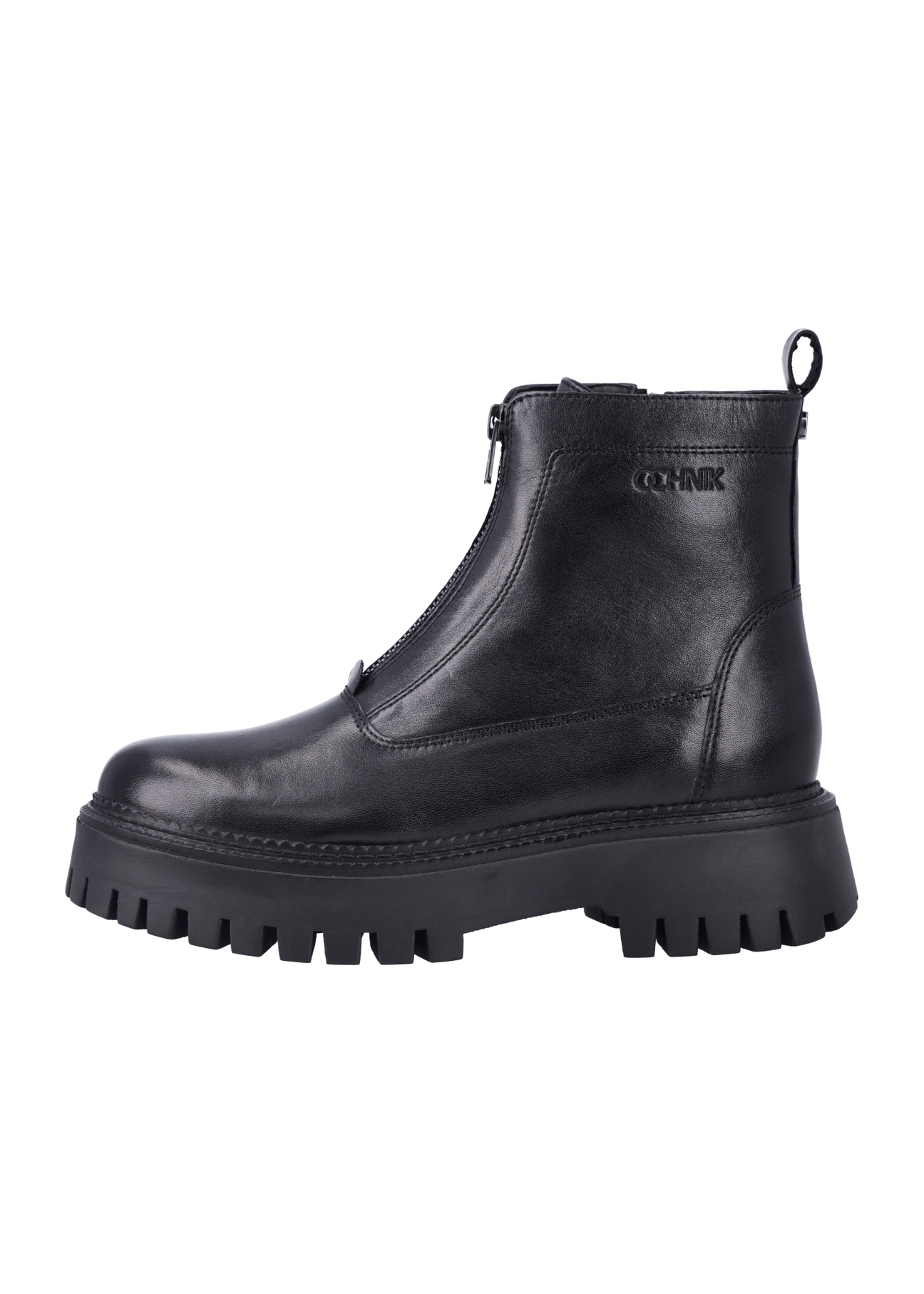 Czarne skórzane botki damskie BUTYD-1291-99(Z26), widok produktu z boku na białym tle.