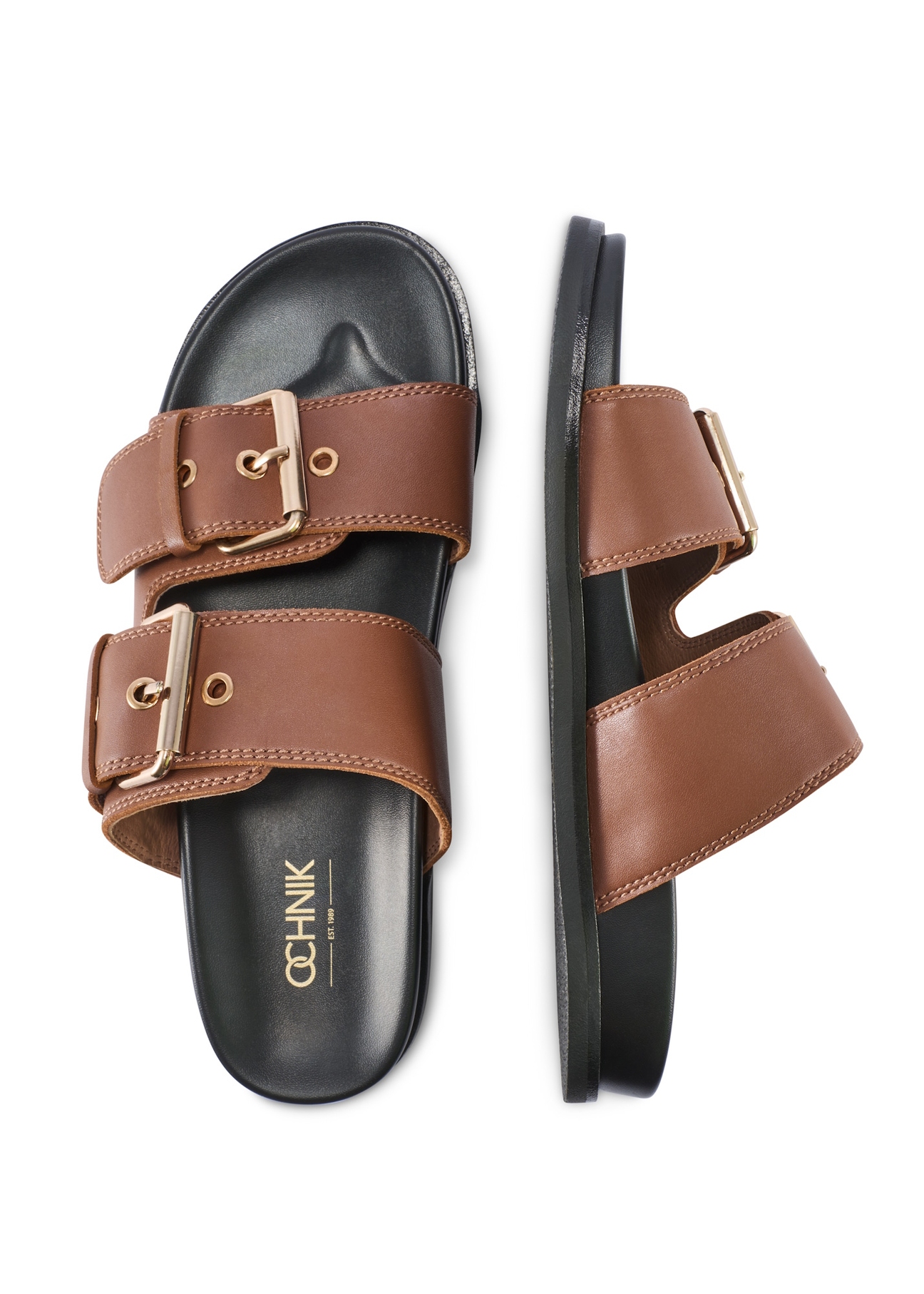 Camelowe skórzane klapki damskie BUTYD-1161-1D(W26), widok produktu z góry na białym tle.