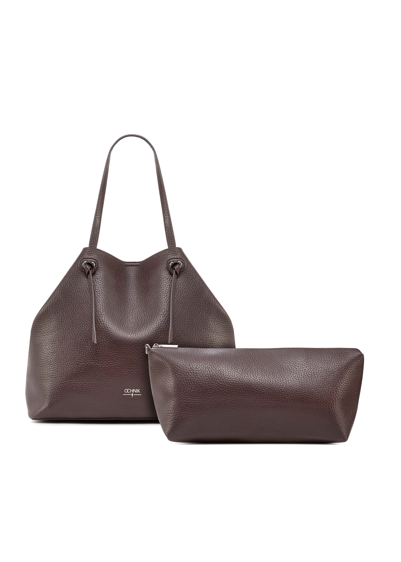 Duża brązowa torebka shopper TOREC-0995A-89(Z25), widok produktu z odpinaną saszetką od przodu na białym tle.