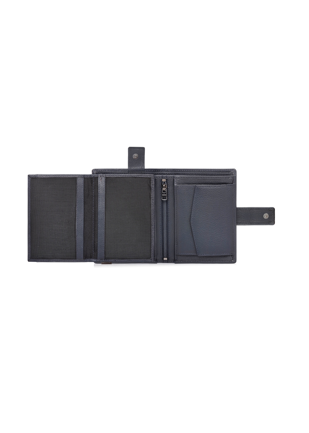 Skórzany portfel męski w kolorze granatowym PORMS-0695-7E(W26), widok produktu w środku na białym tle.