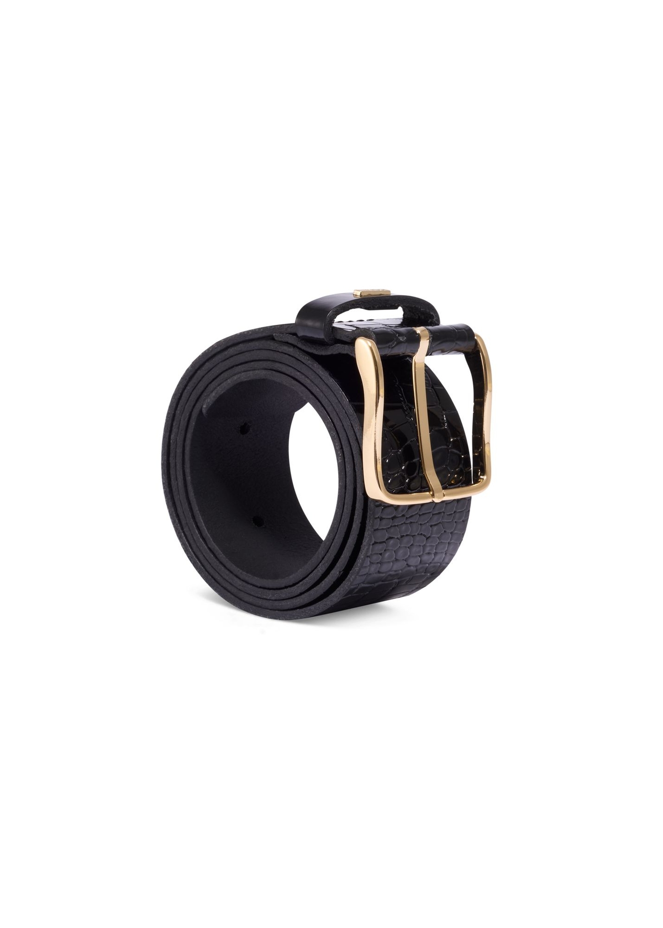 Czarny skórzany pasek damski croco PASDS-0357-9G(Z26) - widok produktu po skosie, na białym tle. 