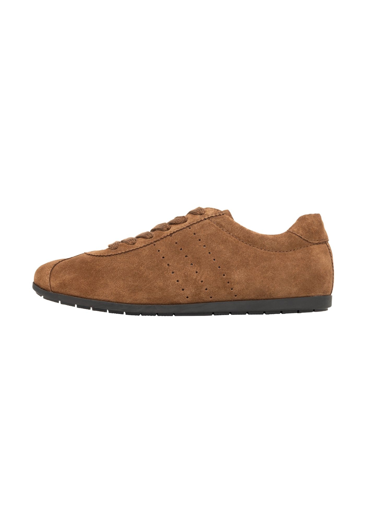 Koniakowe zamszowe sneakersy damskie BUTYD-1293-1F(Z26) - widok produktu z boku, na białym tle. 