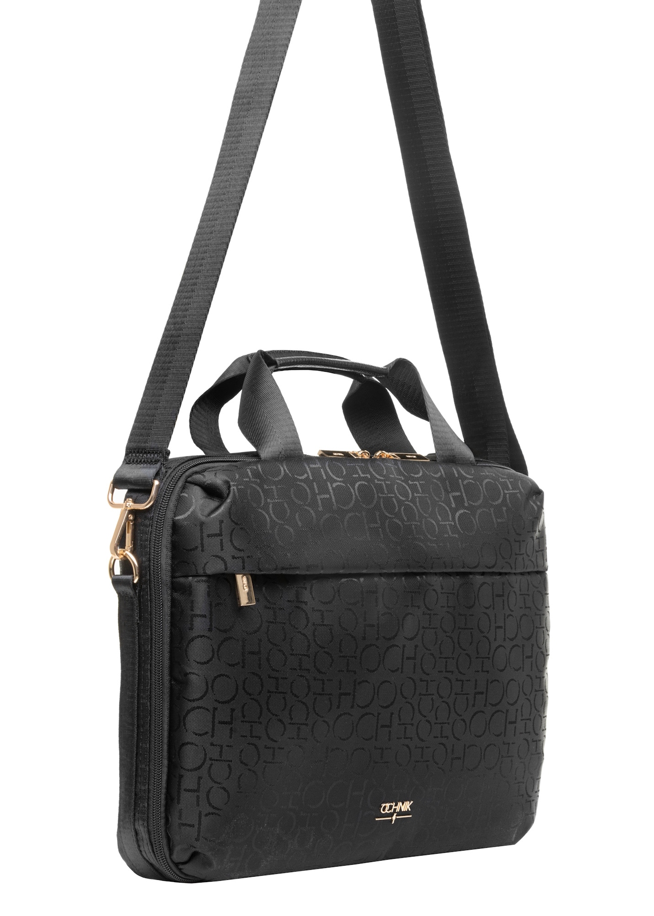 Czarna torba damska z monogramem TOREN-0299-99(W25), widok produktu z paskiem na białym tle.