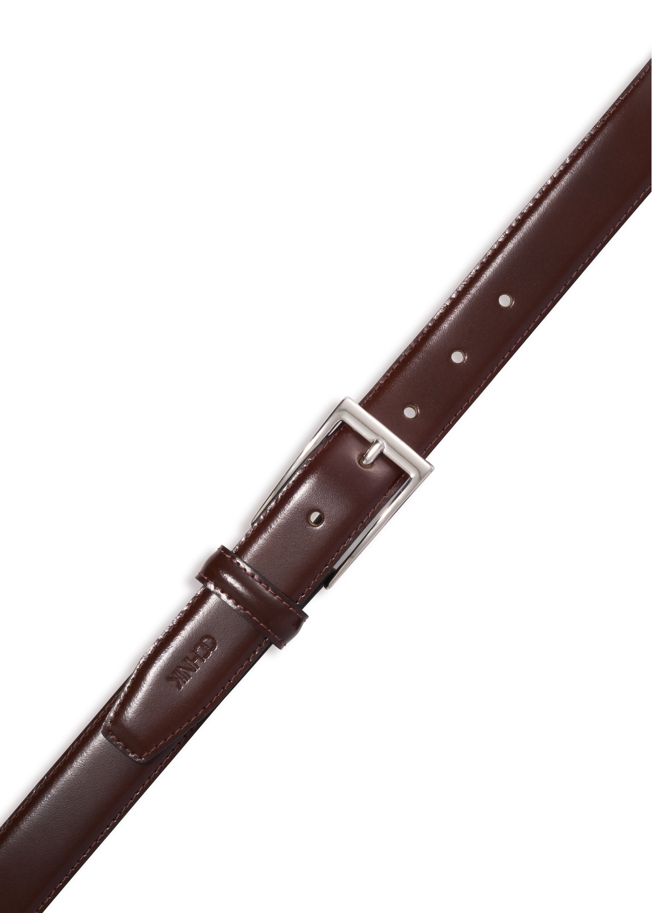 Brązowy skórzany pasek męski PASMS-0244-1I(Z26), widok zapięcia produktu na białym tle.