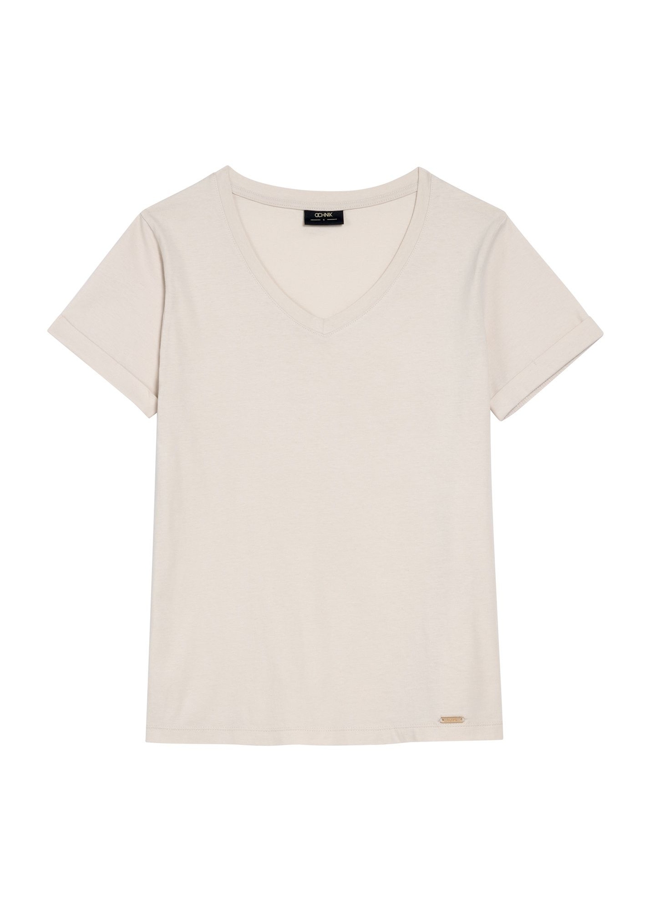 Jasnobeżowy T-shirt damski w serek TSHDT-0118B-1A(Z26), widok produktu z przodu na białym tle.