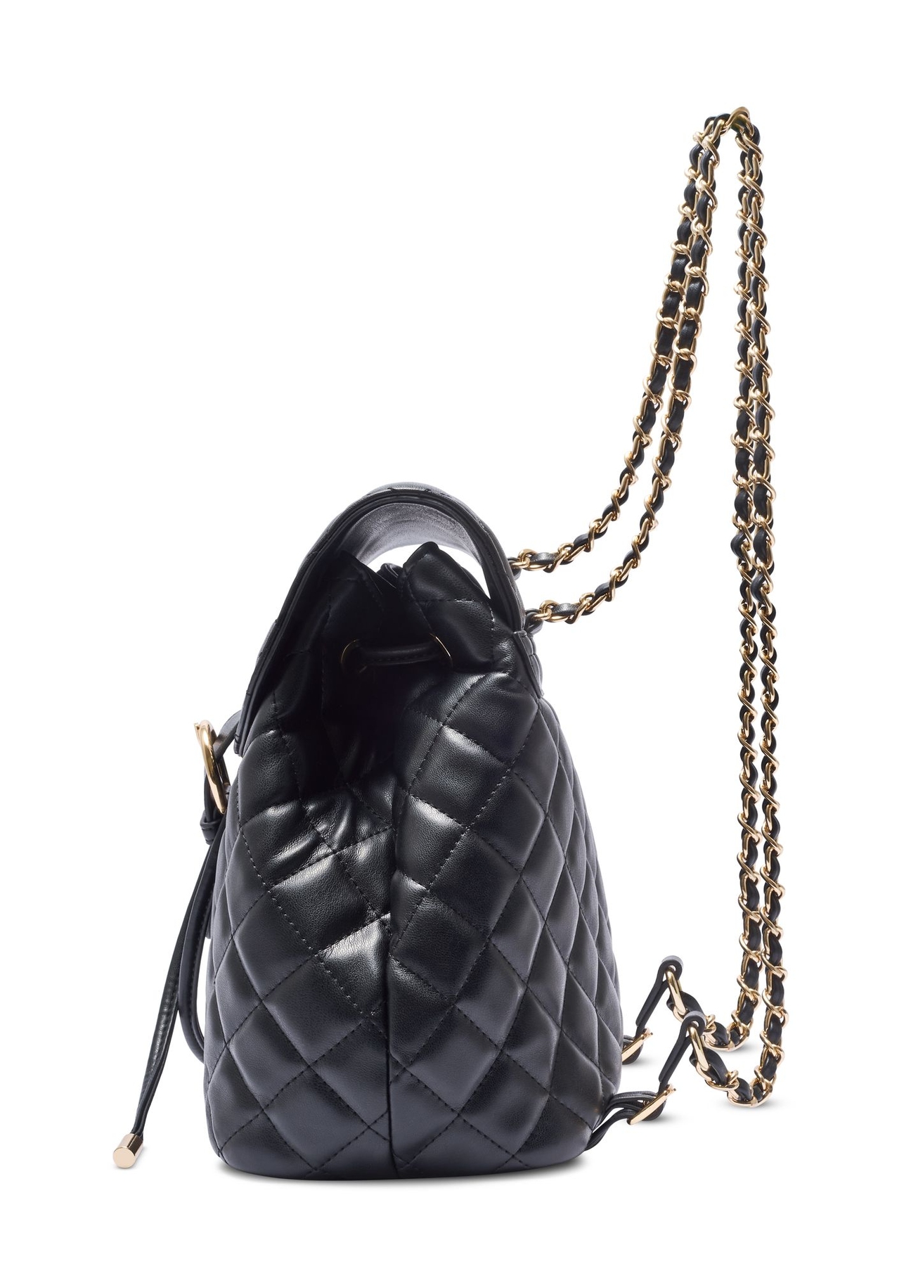 Czarny pikowany plecak damski TOREC-1115-99(W26) - widok produktu z boku, na białym tle.  