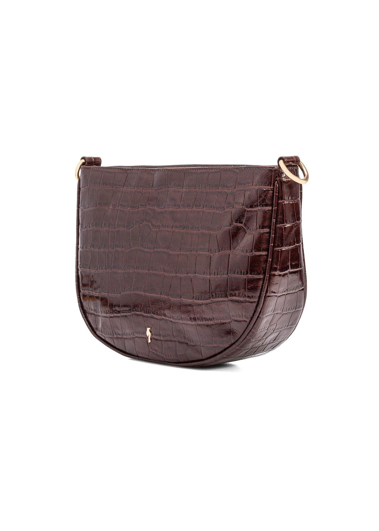 Brązowa skórzana średnia torebka damska croco TORES-1022F-1H(W26) - widok skosu produktu na białym tle. 