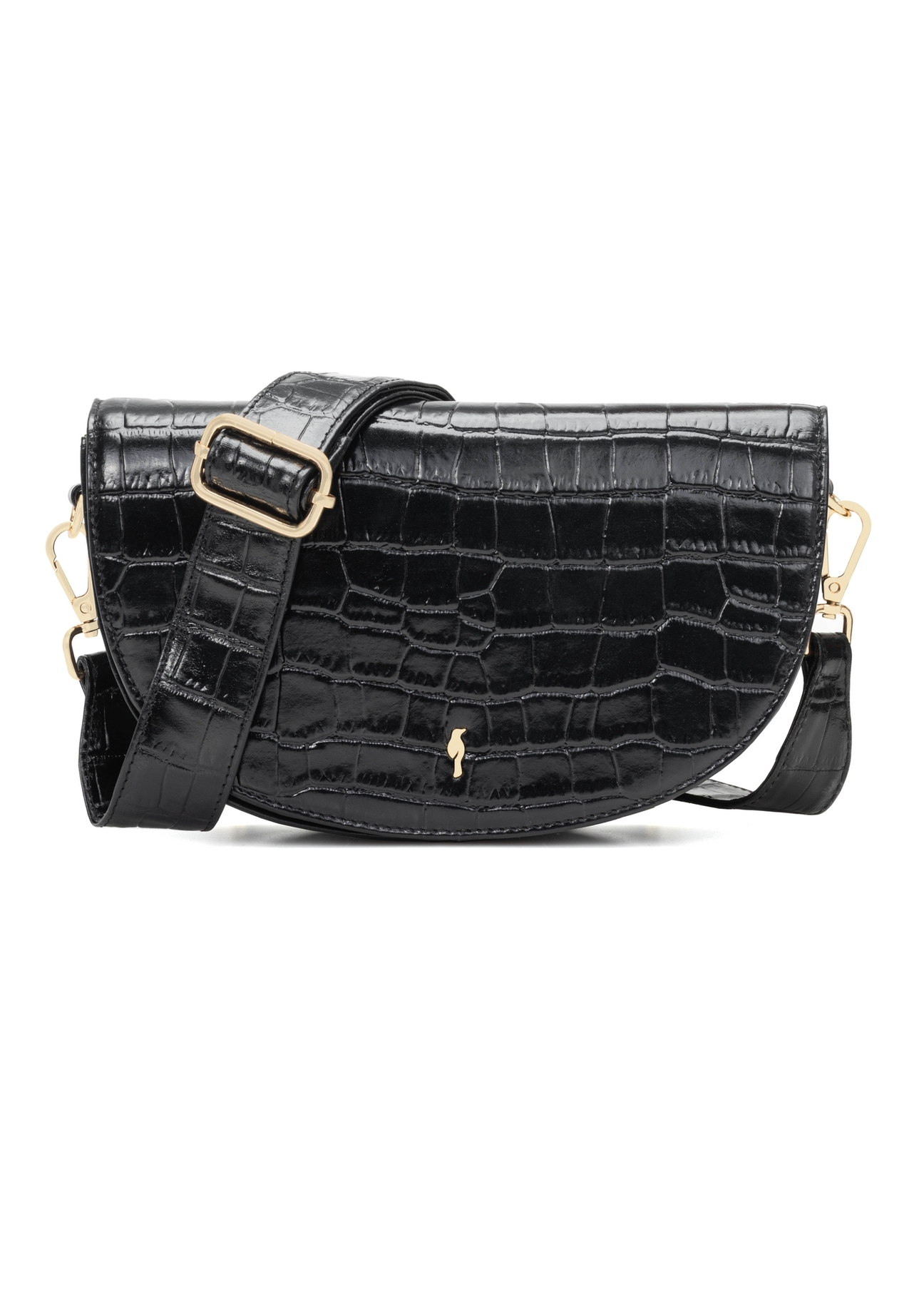 Czarna skórzana półokrągła listonoszka croco TORES-1230-9G(W26), widok produktu od przodu na białym tle.