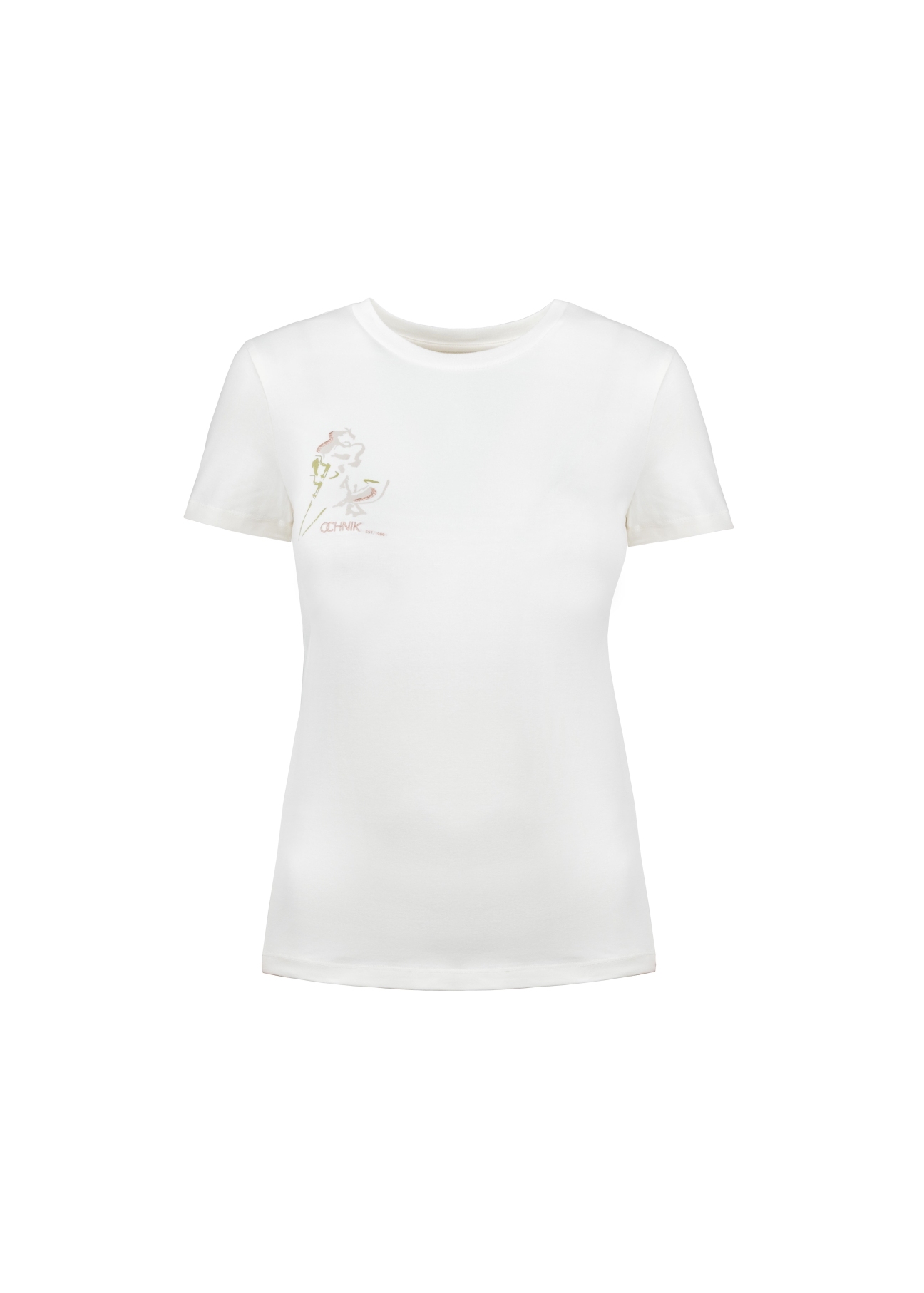Kremowy T-shirt damski z aplikacją TSHDT-0082-11(Z21)-01