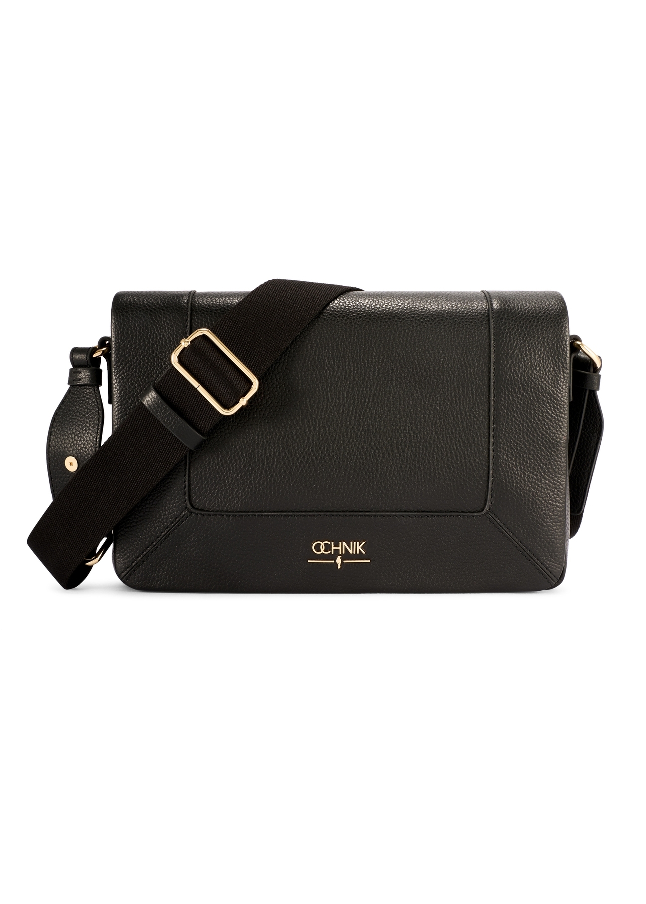 Czarna skórzana torebka listonoszka TORES-1266-9I(W26) - widok produktu z przodu, na białym tle.