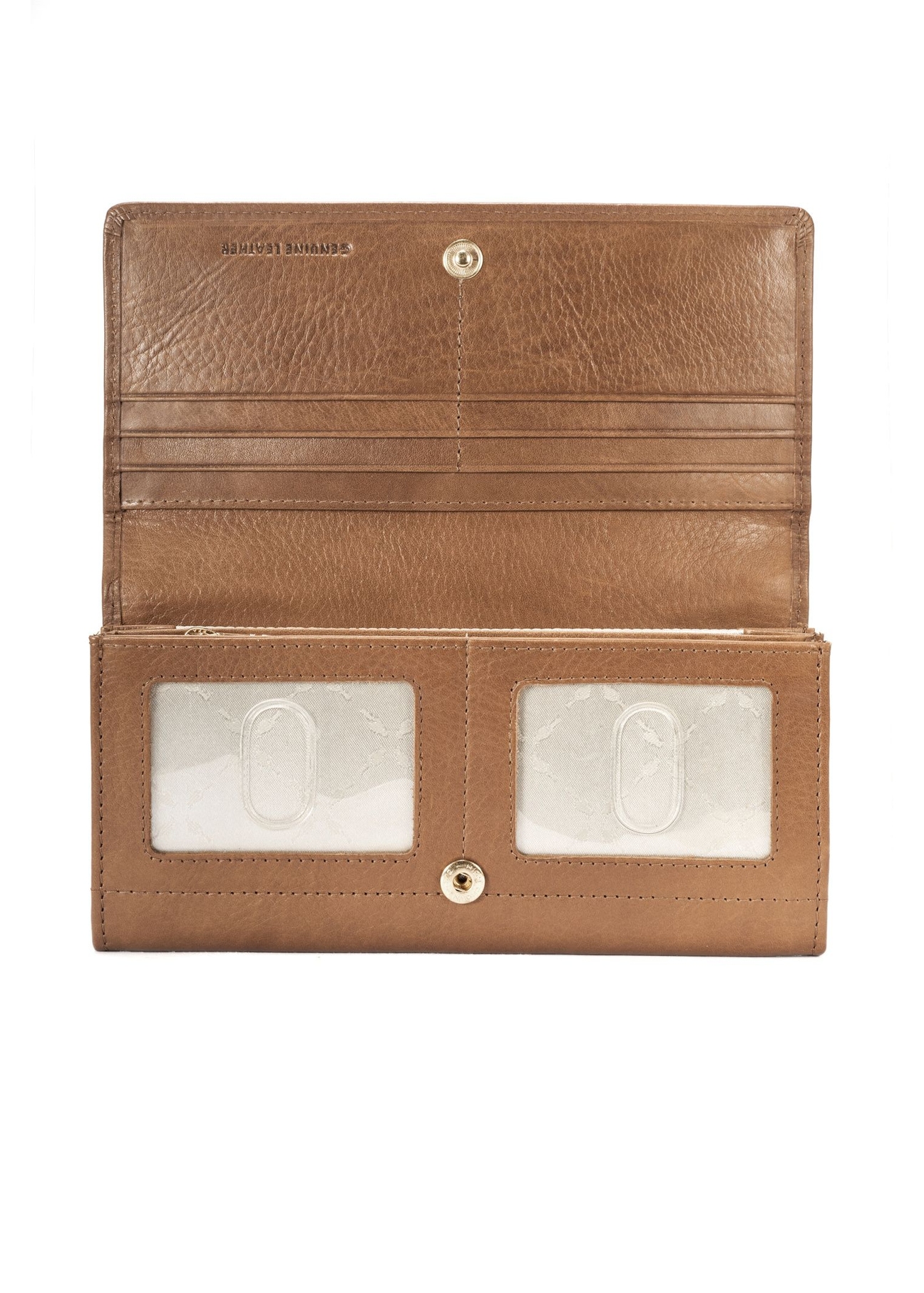 Duży brązowy skórzany portfel damski PORES-0962-1F(W26), widok produktu w środku na białym tle.