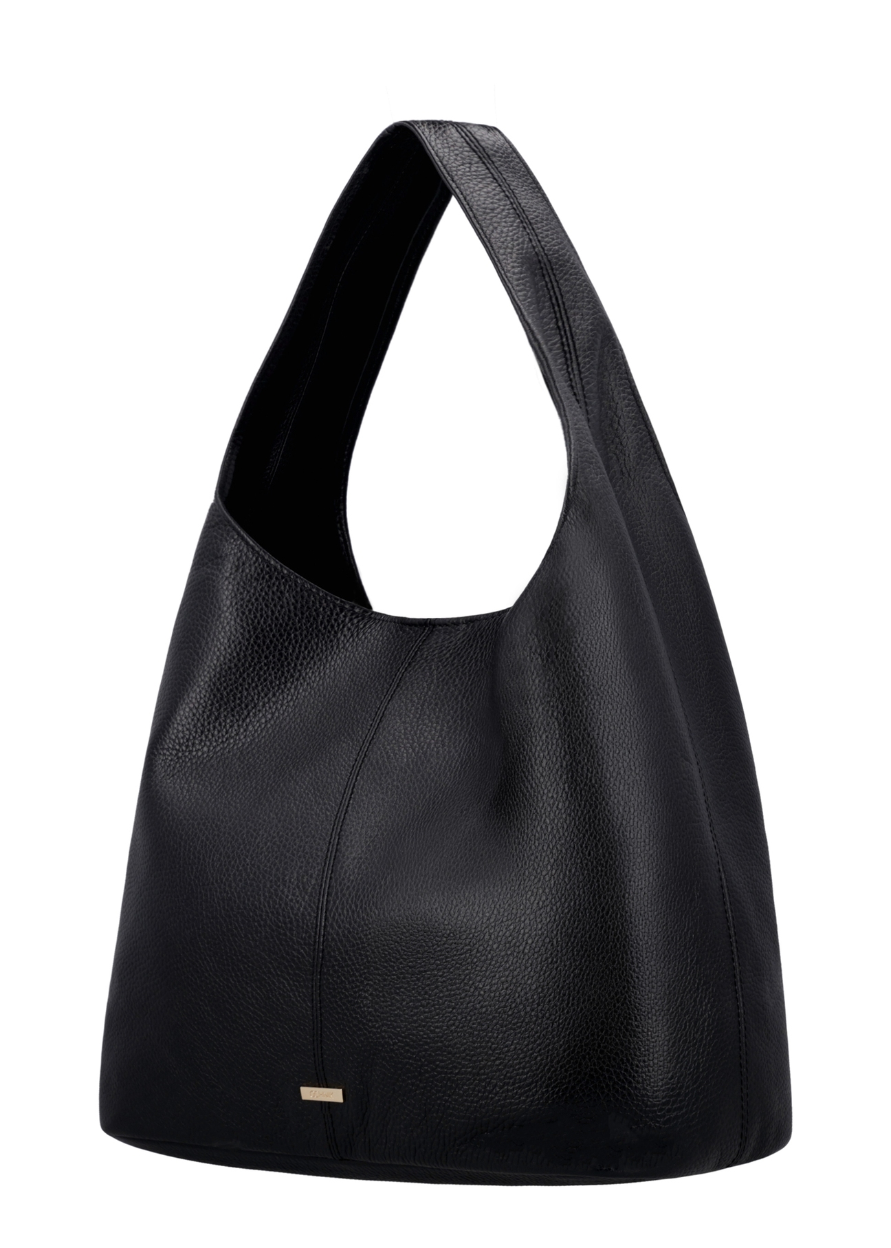 Czarna skórzana torebka shopper TORES-1372-9I(Z26) - widok produktu po skosie, na białym tle. 
