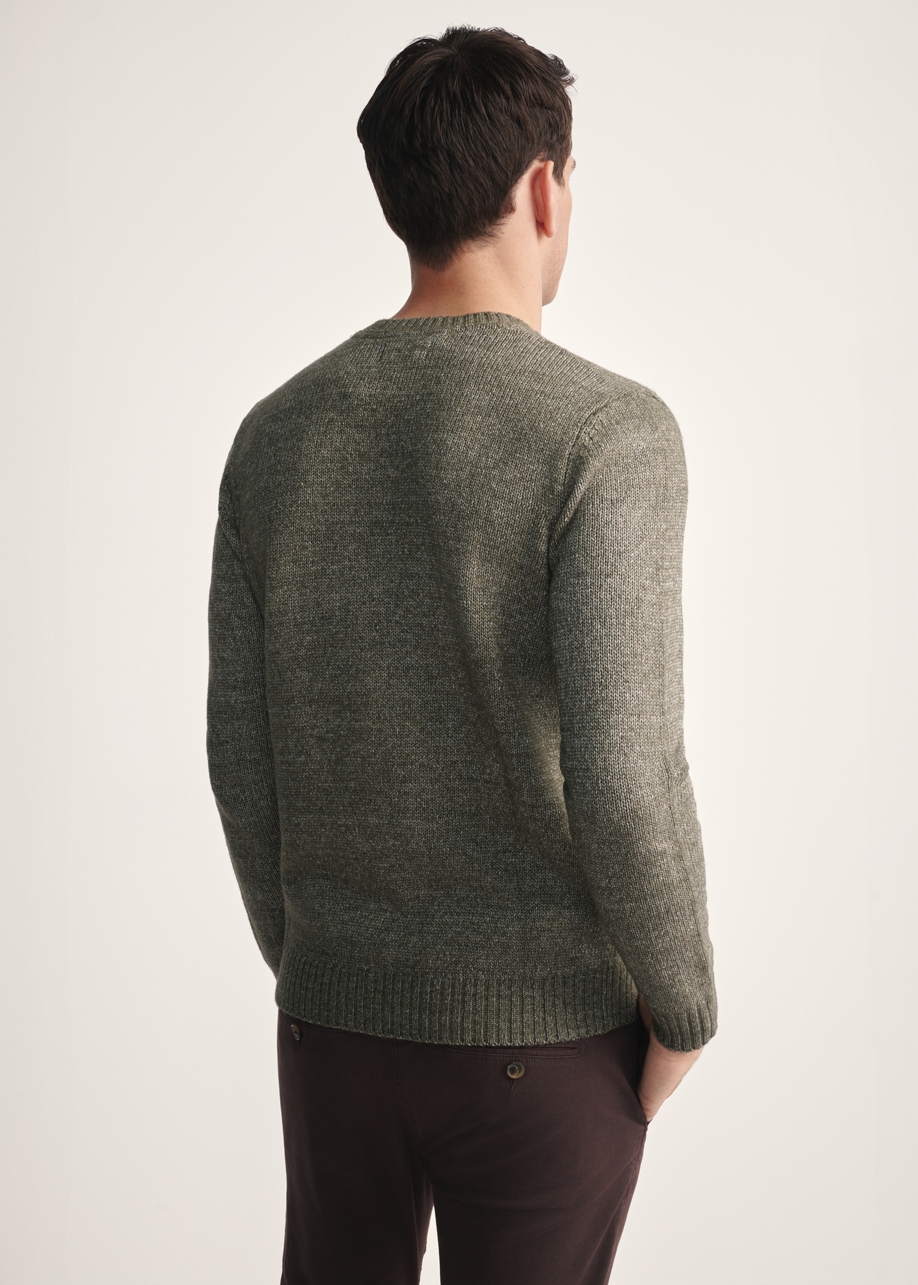 Sweter męski khaki SWEMT-0170-55(Z25), widok produktu z tyłu na modelu. Widoczna połowa sylwetki.