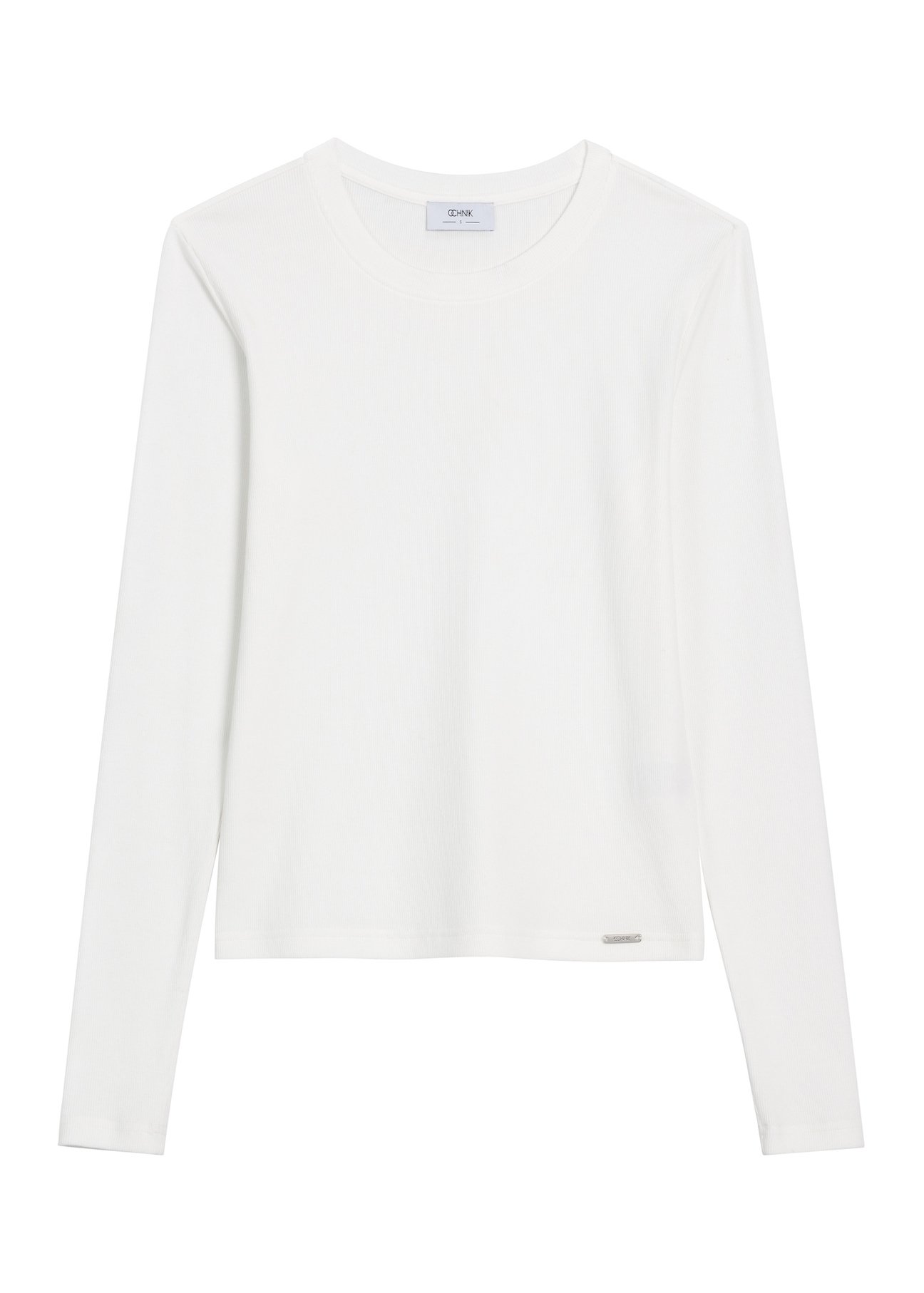 Kremowy prążkowany longsleeve damski LSLDT-0058-0B(Z26) - widok produktu z przodu, na białym tle. 