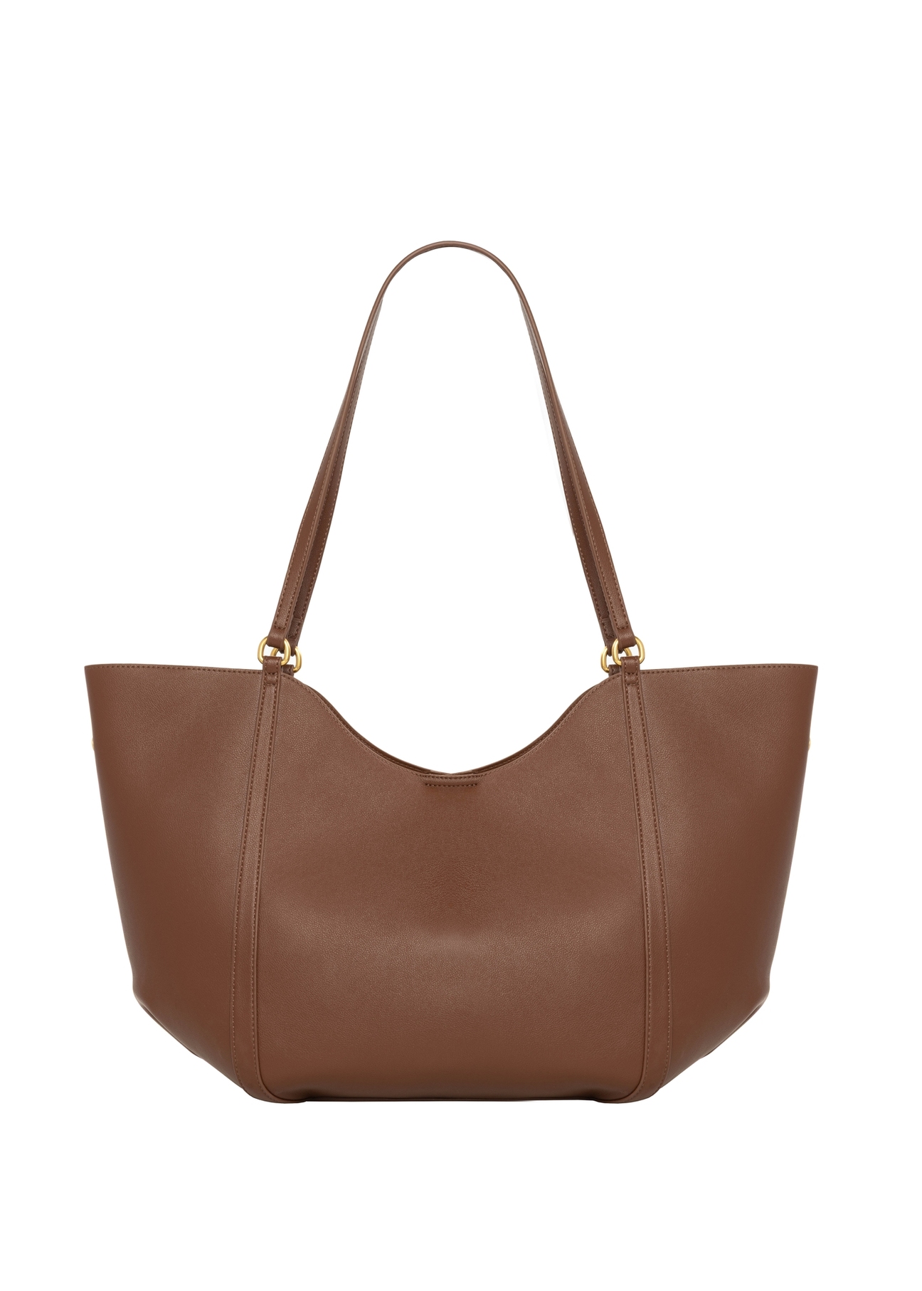 Jasnobrązowa torebka damska typu shopper TOREC-1296-3D(Z26), widok produktu od tyłu na białym tle.
