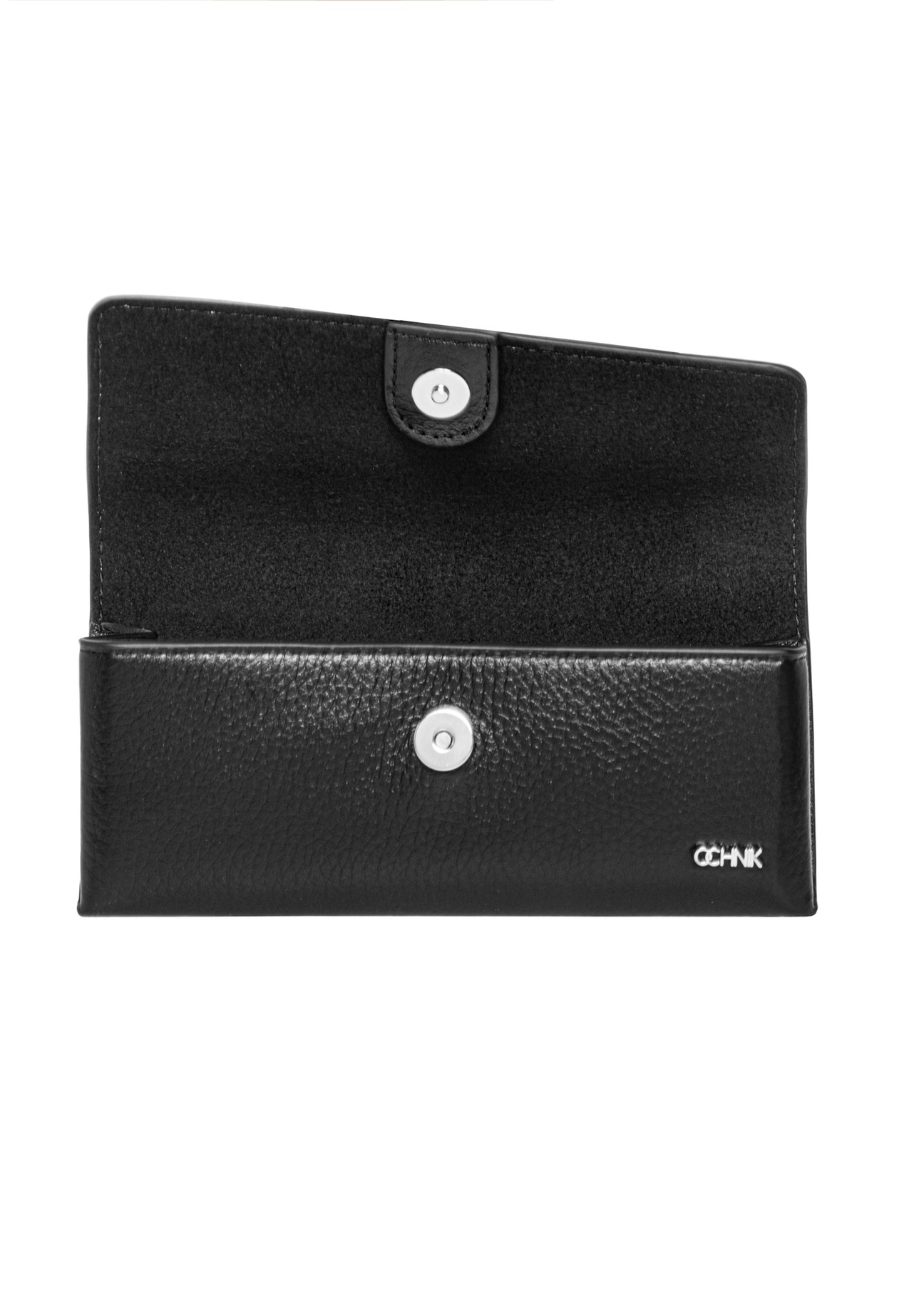 Czarne skórzane etui na okulary PORES-1014R-9I(Z26), widok otwartego produktu na białym tle.
