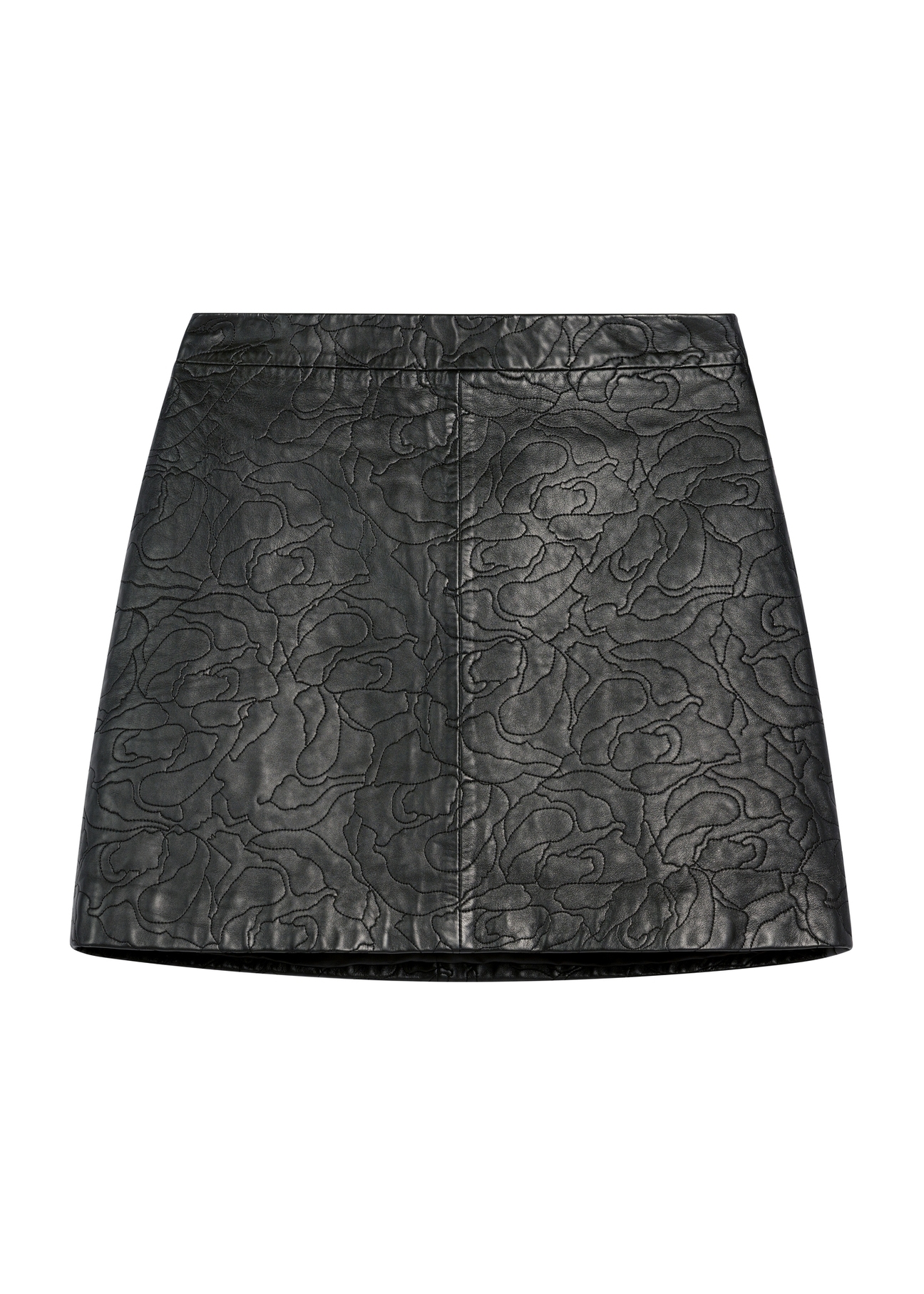 Krótka czarna skórzana spódnica SPCDS-0082-99(W26) - widok produktu z przodu, na białym tle.